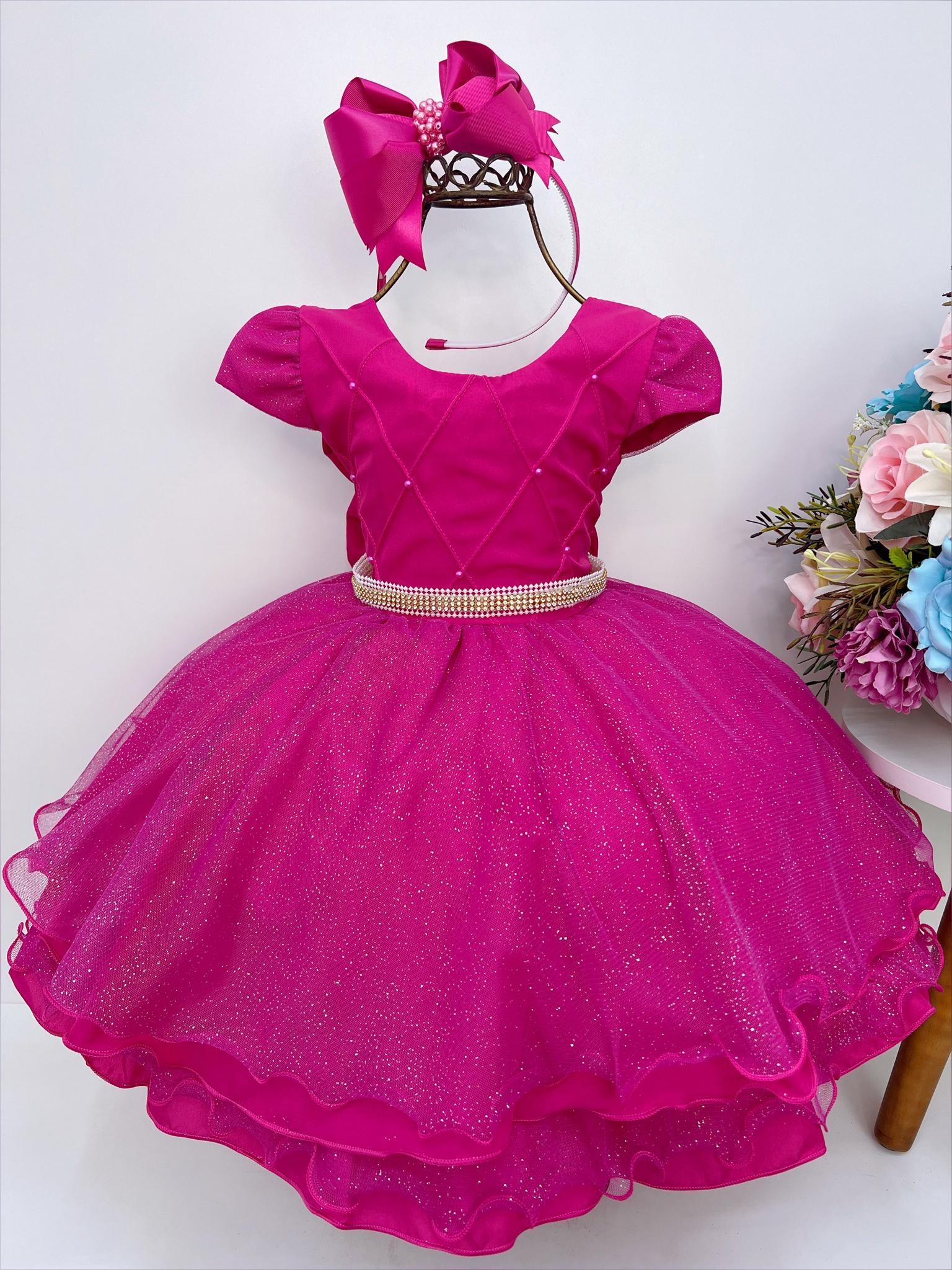 Vestido Infantil Pink Peito Nervura Cinto Strass e Pérolas