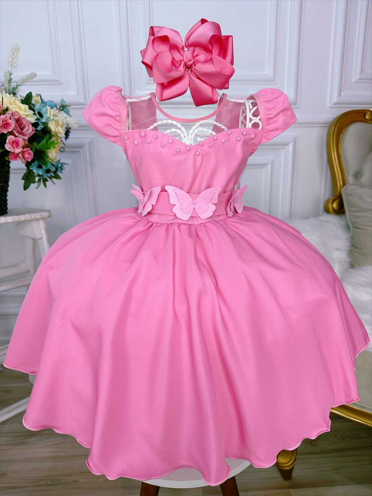 Vestido Infantil Rosa Chiclete C/ Aplique Borboletas Pérolas