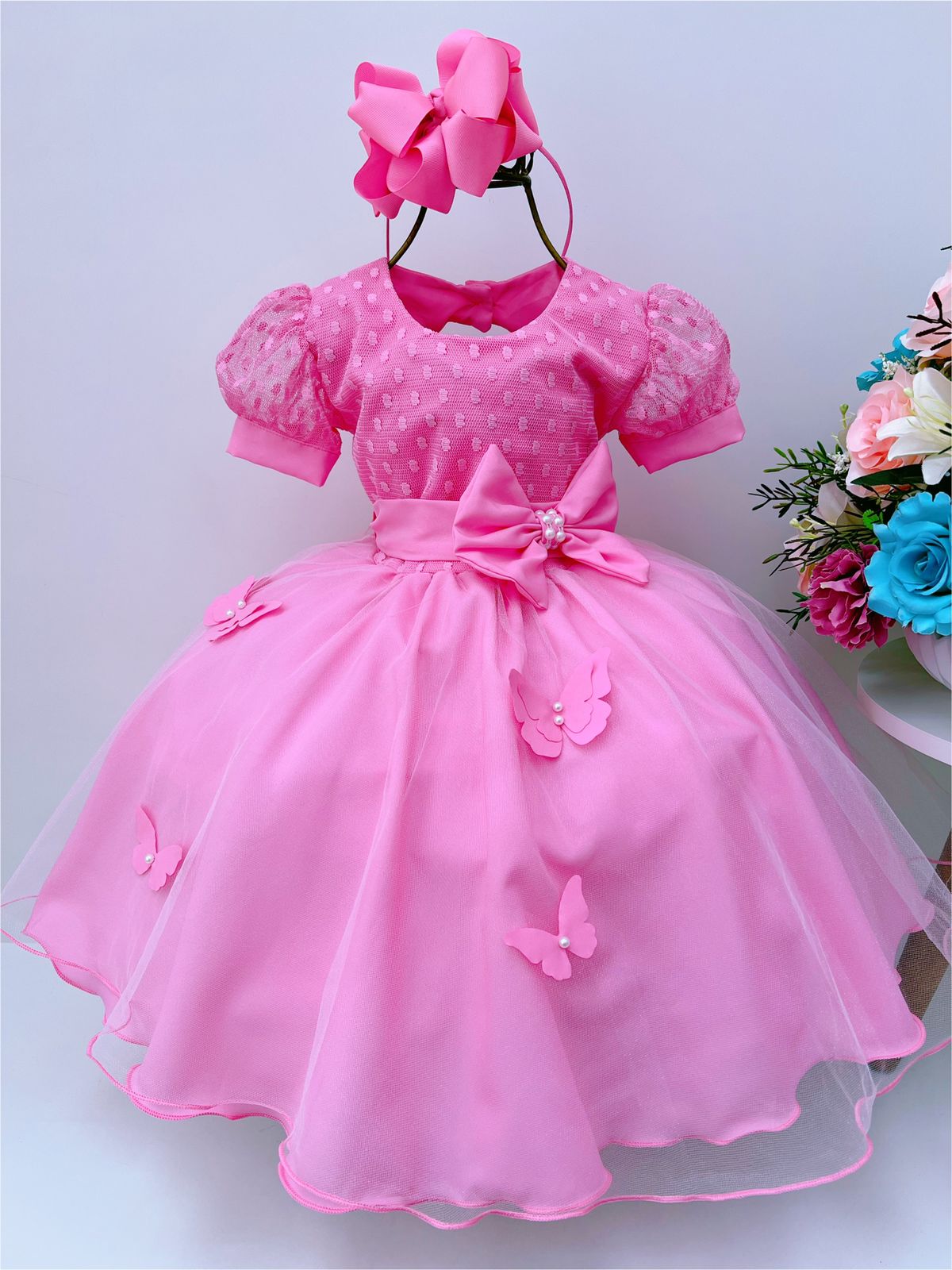 Vestido Infantil Rosa Chiclete C/ Borboletas Pérolas