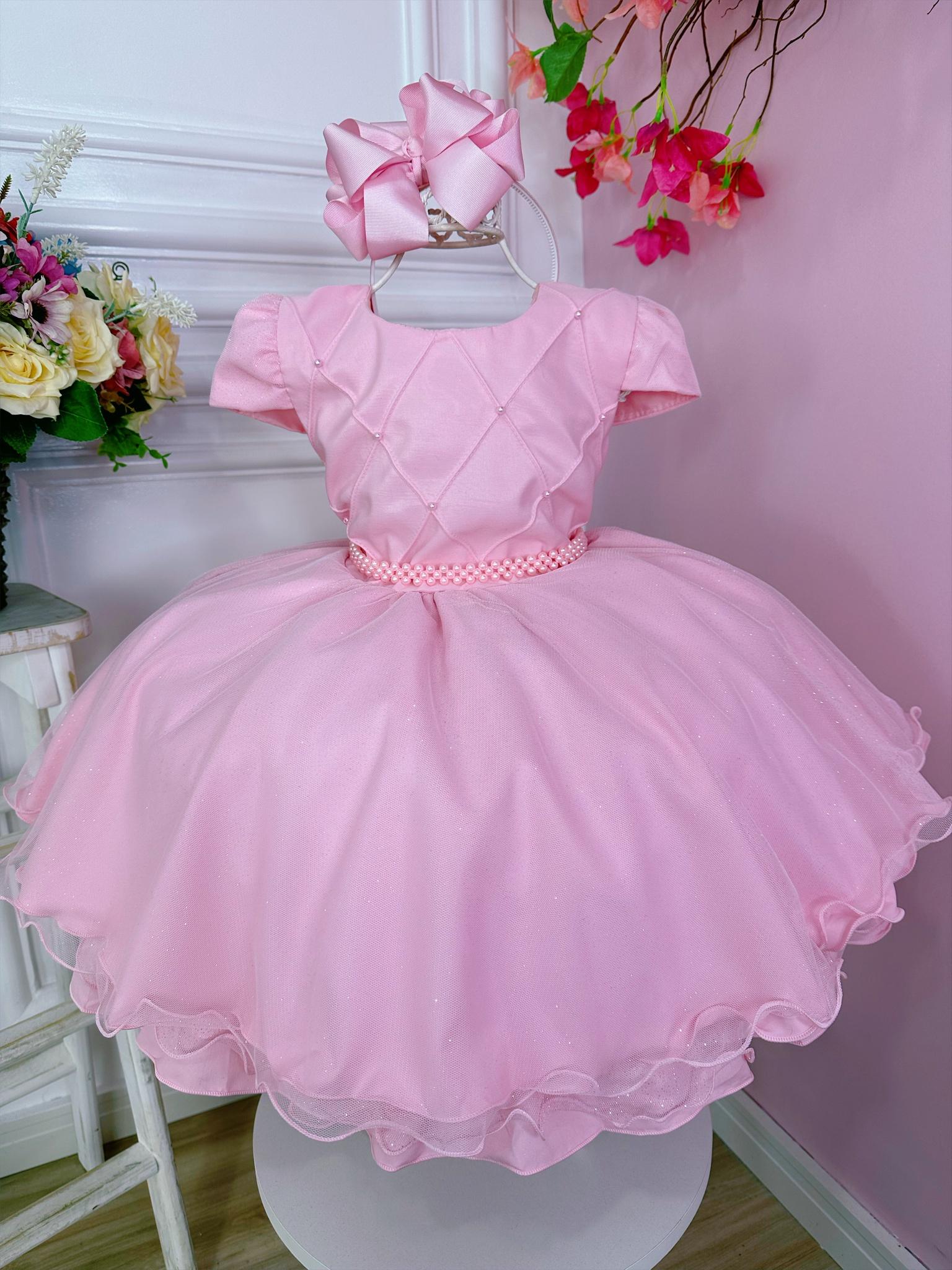 Vestido Infantil Rosa Peito Nervura Cinto de Pérolas Strass