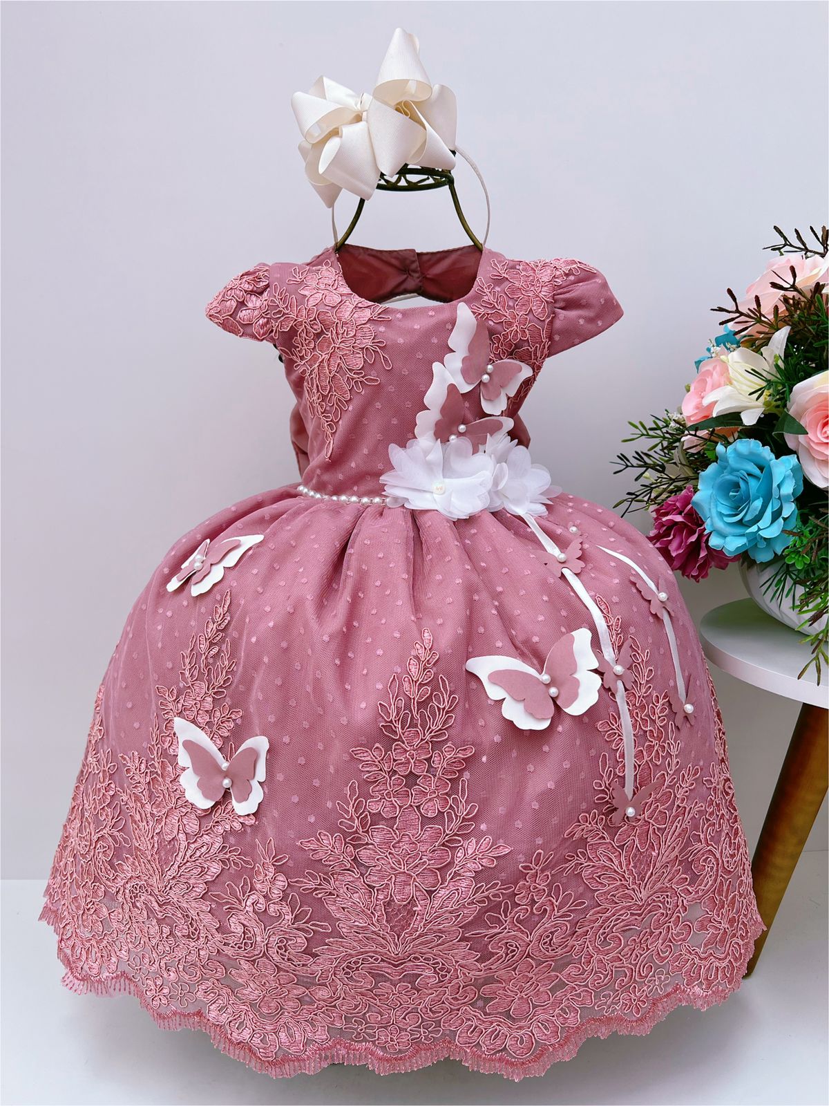 Vestido Infantil Rosé C/ Borboletas Bordado Pérolas