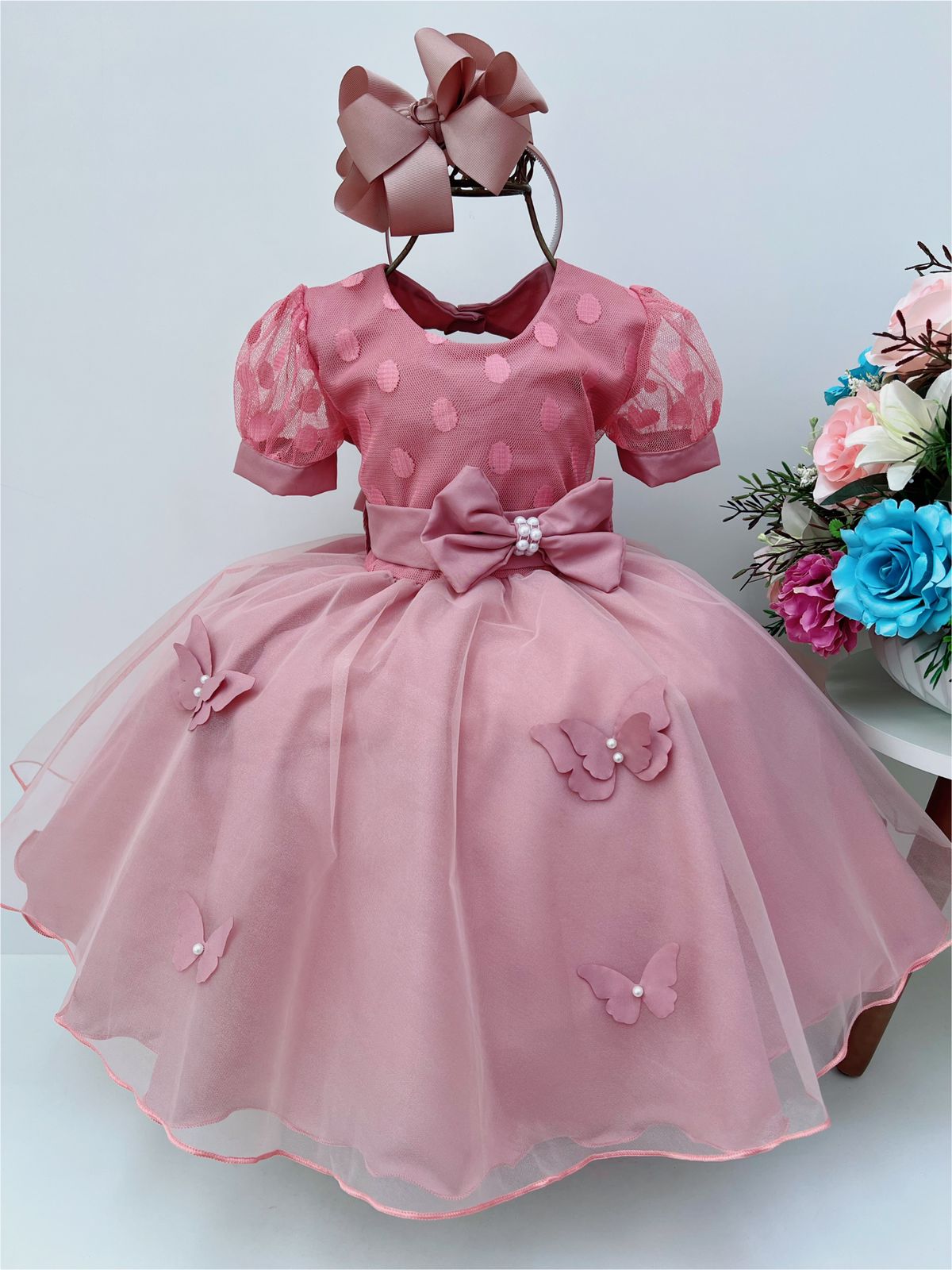 Vestido Infantil Rosé C/ Borboletas Pérolas