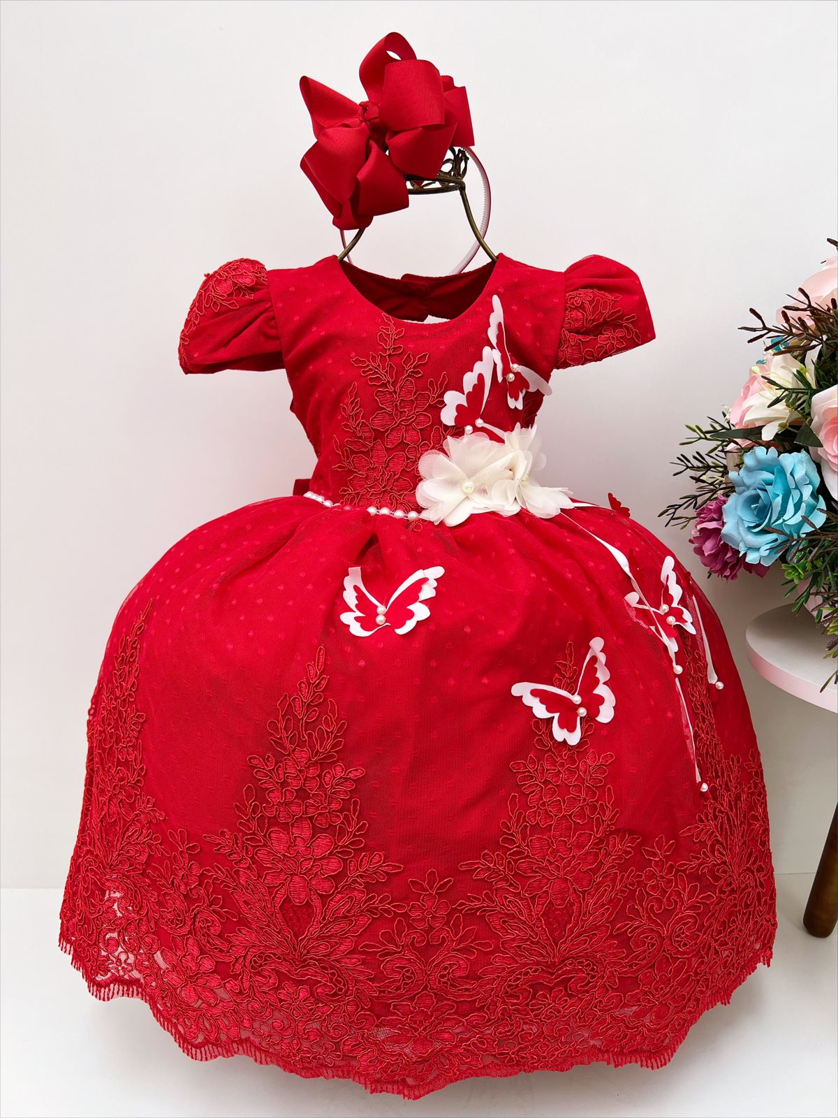 Vestido Infantil Vermelho C/ Borboletas Bordado Pérolas