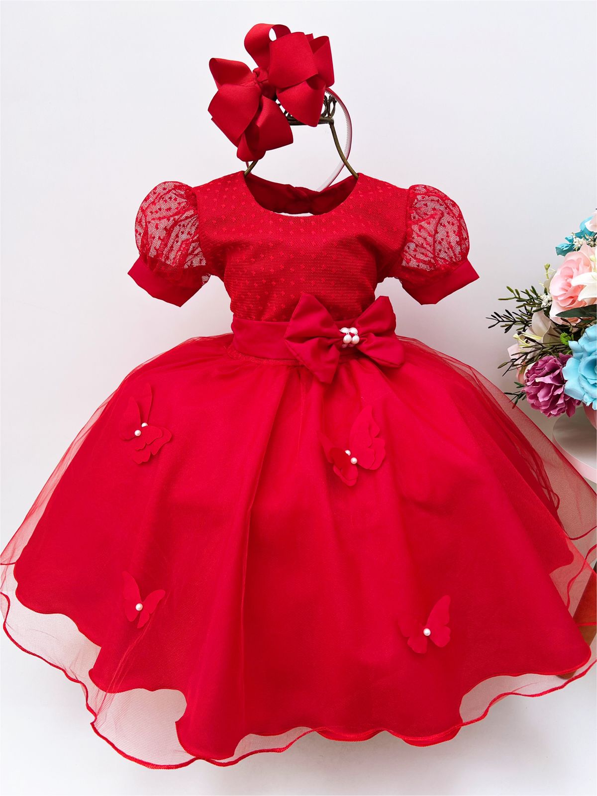 Vestido Infantil Vermelho C/ Borboletas Pérolas