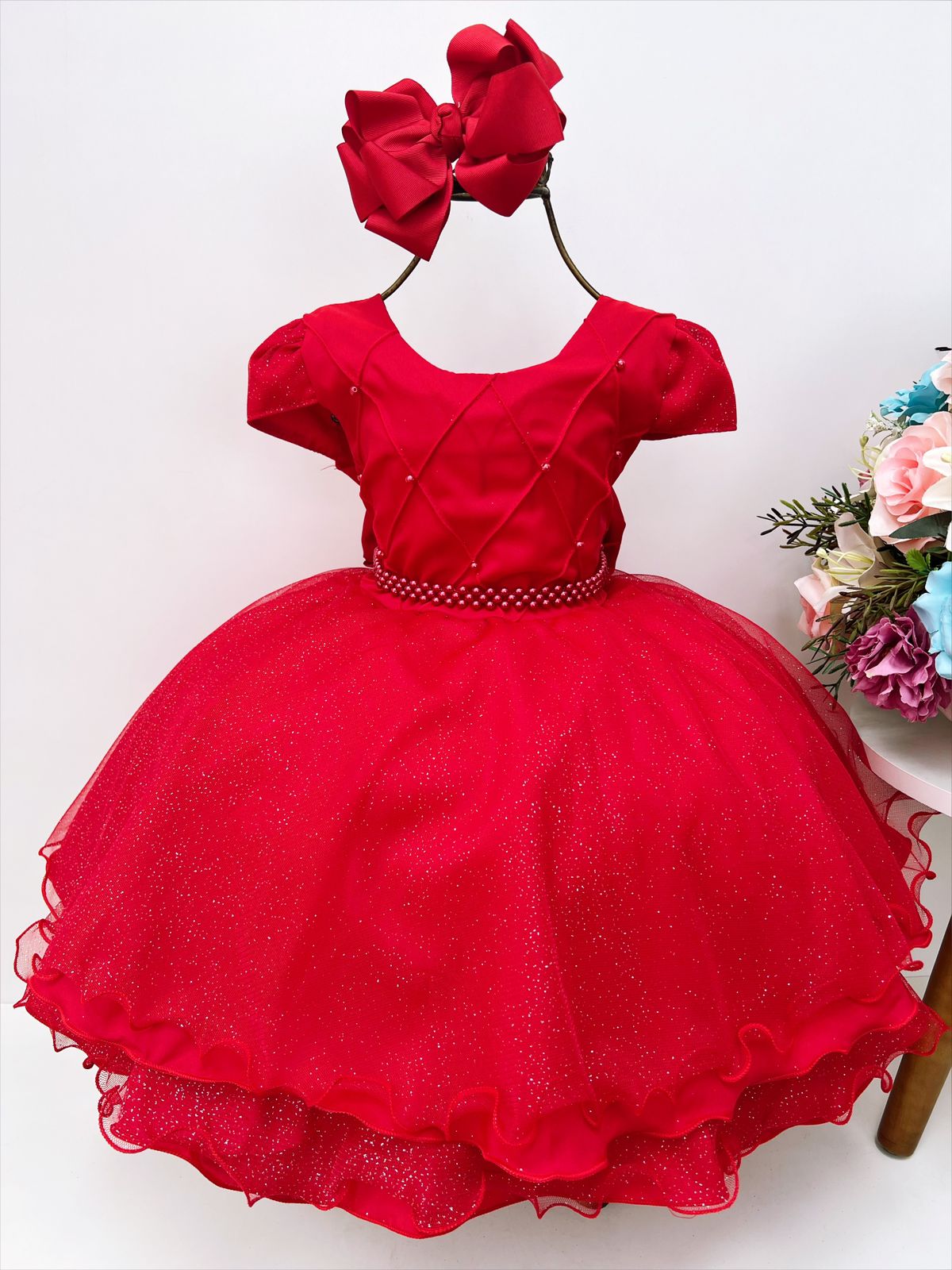Vestido Infantil Vermelho Peito Nervura Cinto de Pérolas