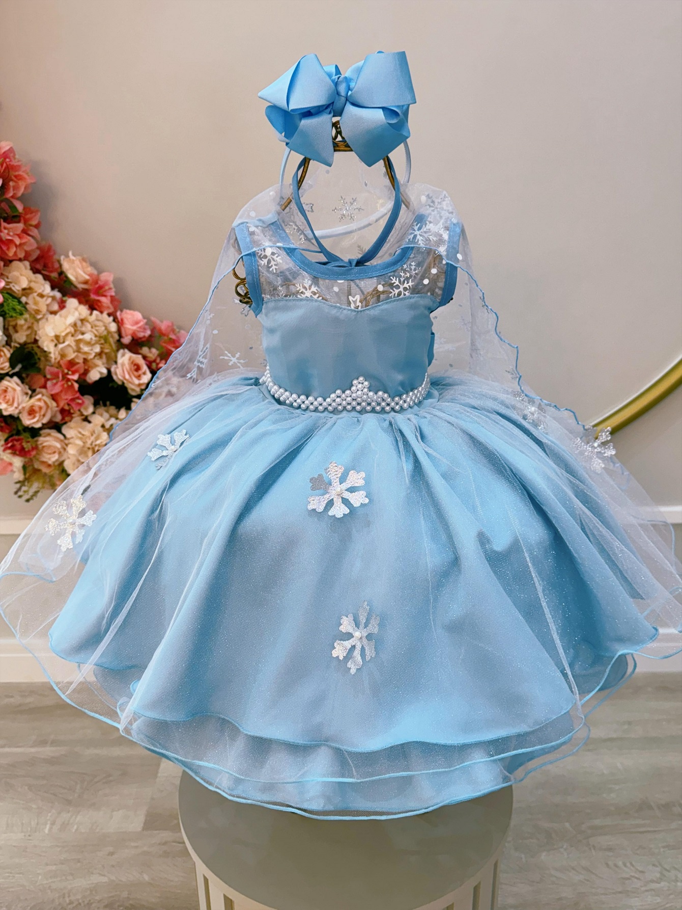 Vestido Infantil Azul Frozen Elsa Gelo C/ Capa de Luxo