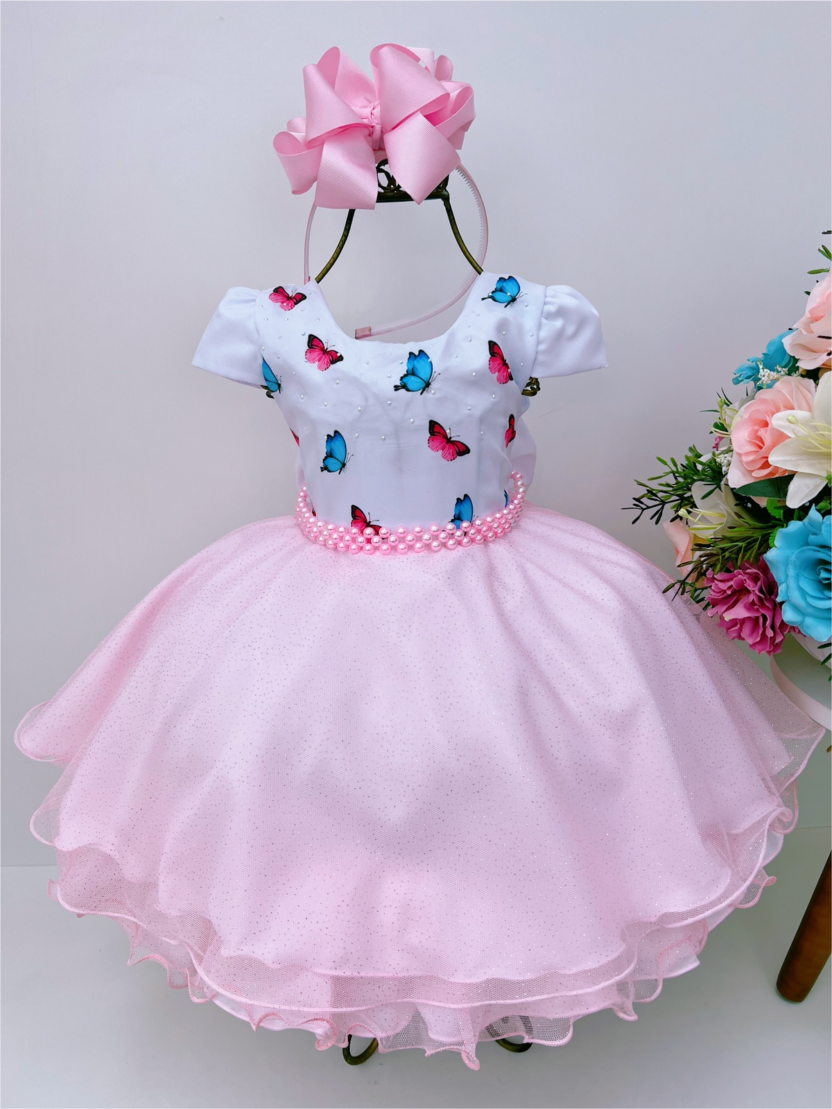 Vestido Infantil Branco Com Strass e Borboletas Luxo