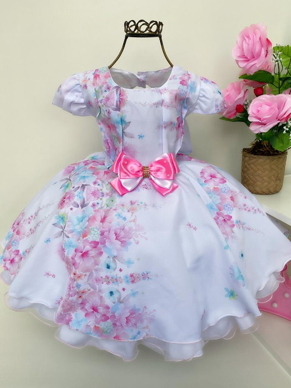 Vestido Infantil Jardim Encantado Branco Floral Rosa Luxo