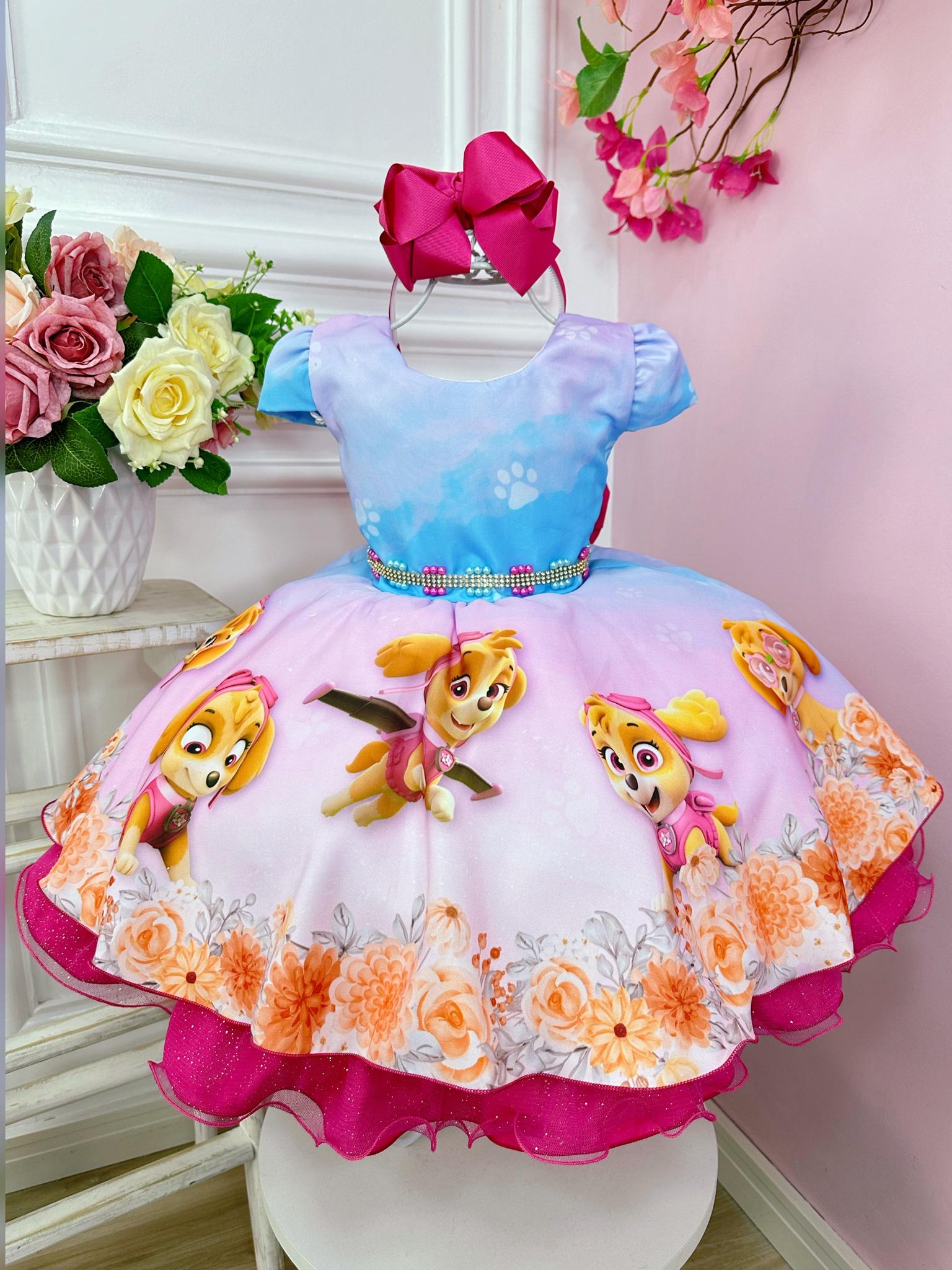 Vestido Infantil Patrulha Canina C/ Cinto de Pérolas Strass