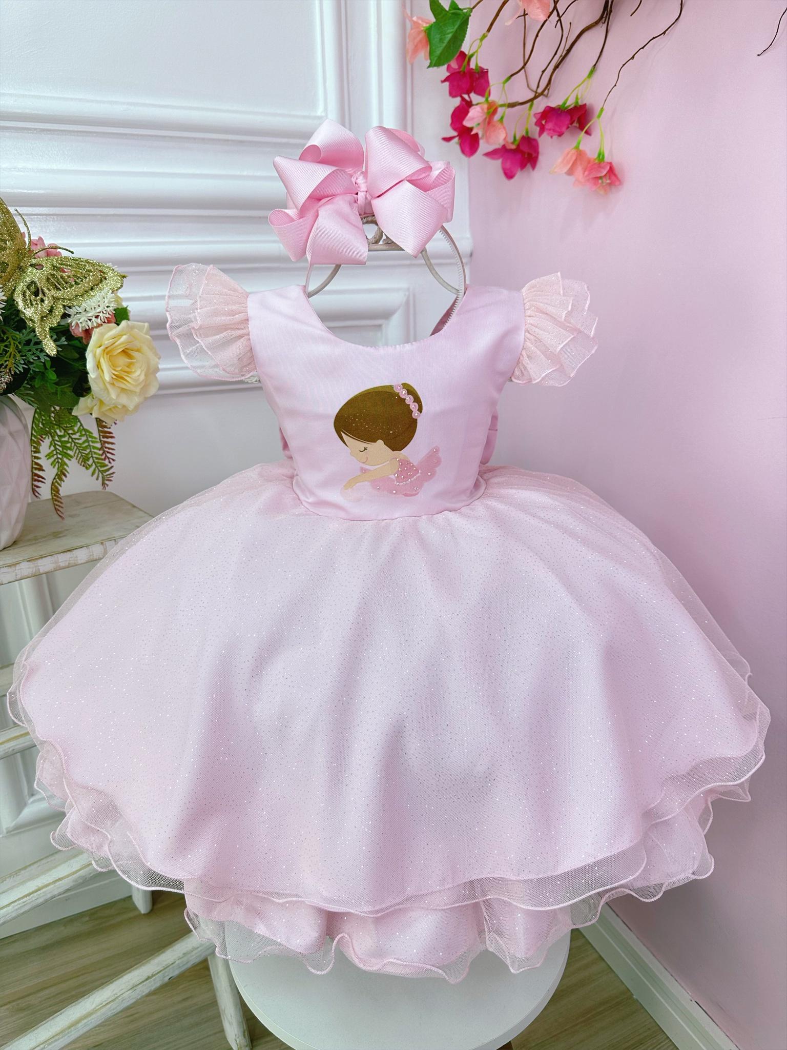 Vestido Infantil Rosa Bailarina Saia C/ Glitter Festas Luxo