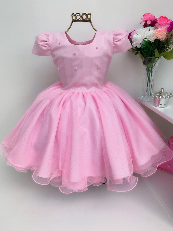 Vestido Infantil Rosa Princesas Tule e Pérolas Aniversário