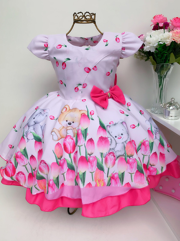 Vestido Infantil Ursinho e Flores Luxo Princesas Aniversário