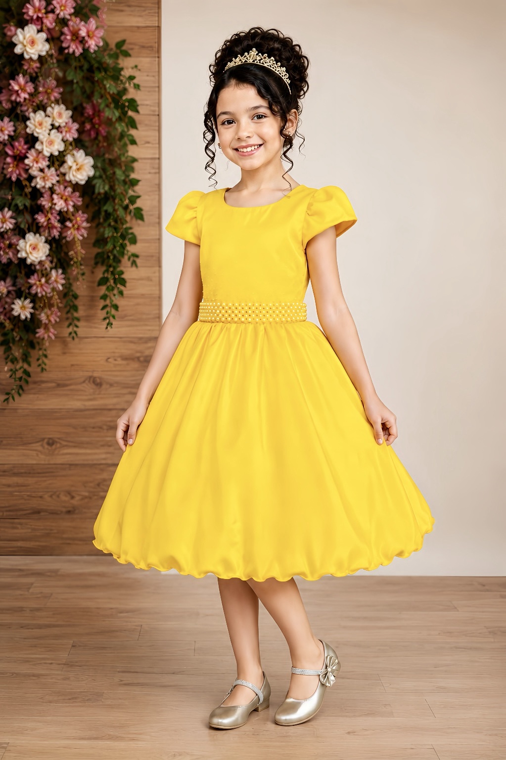 Vestido Infantil Amarelo Luxo, em Poliéster, com Pérolas e Strass Vestido de Festa