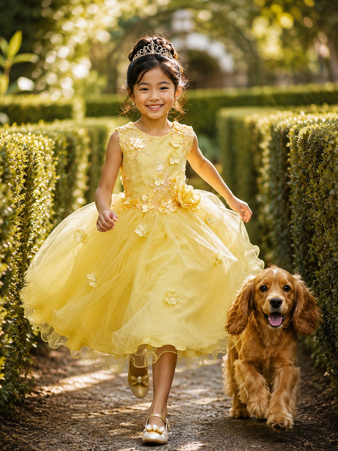 Vestido Infantil Amarelo Rendado Luxo Flores em Aplique