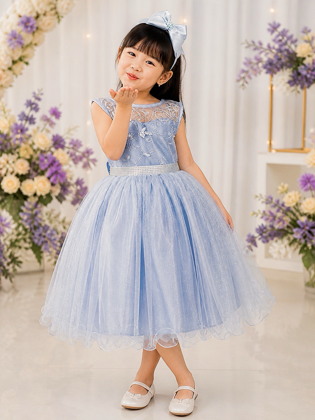 Vestido Infantil Azul C/ Renda e Tule De Brilho
