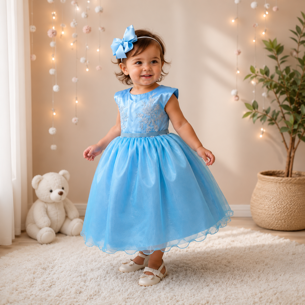 Vestido Infantil Azul Com Renda Busto Cinto Strass Luxo