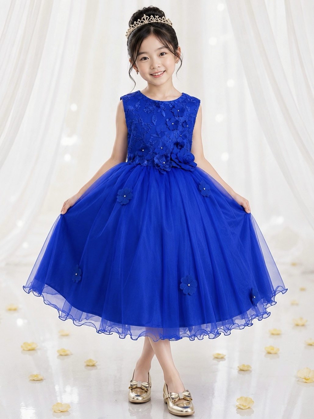 Vestido Infantil Azul Royal C/ Renda e Aplique de Flores Damas