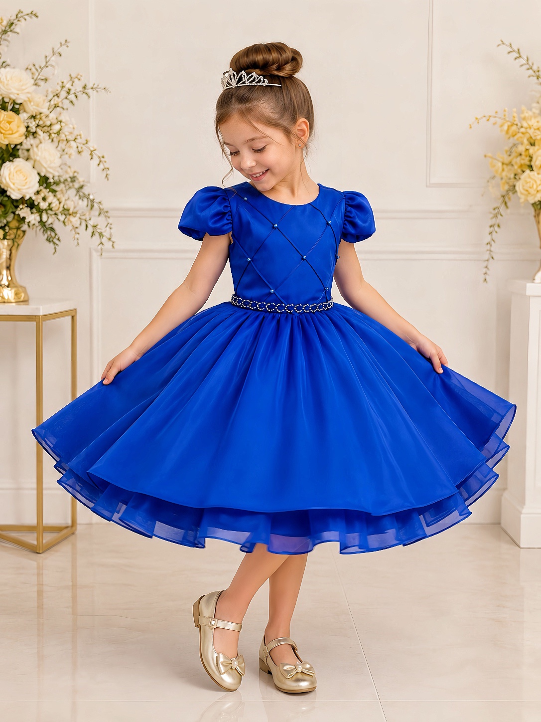 Vestido Infantil Azul Royal Cinto de Pérolas Casamento Luxo