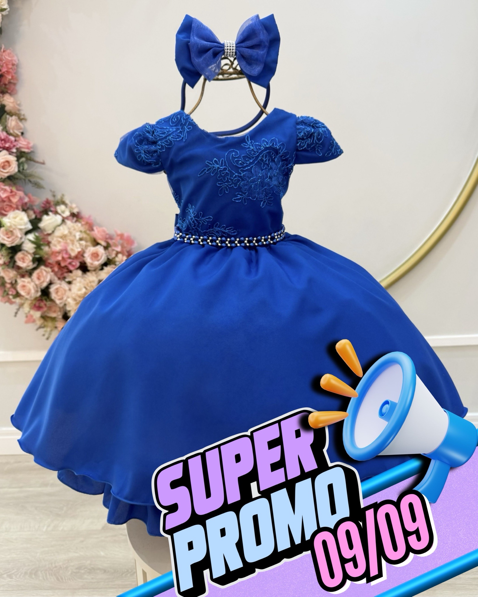 Vestido Infantil Azul Royal Renda Metalizada C/ Tiara Daminhas
