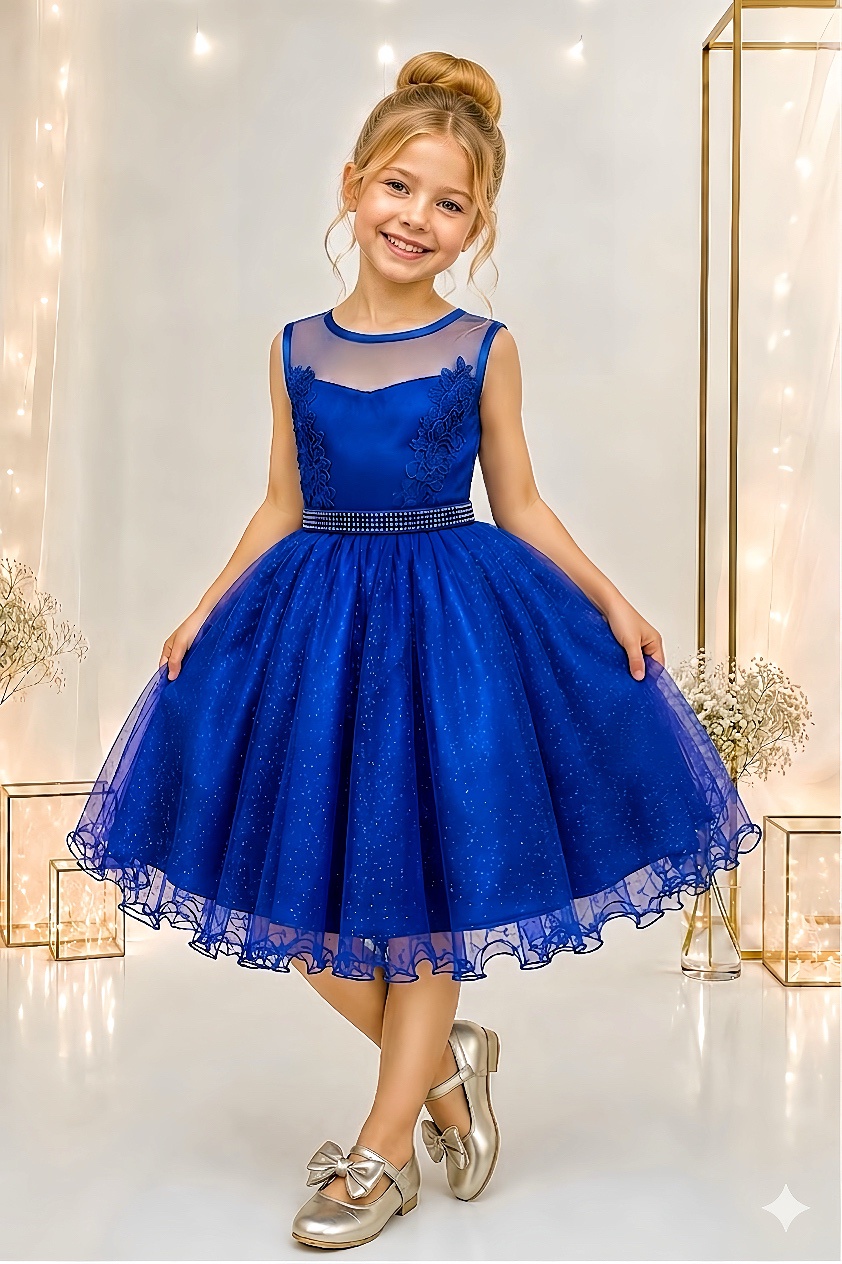 Vestido Infantil Azul Royal Renda Tule C/ Brilho Damas Luxo