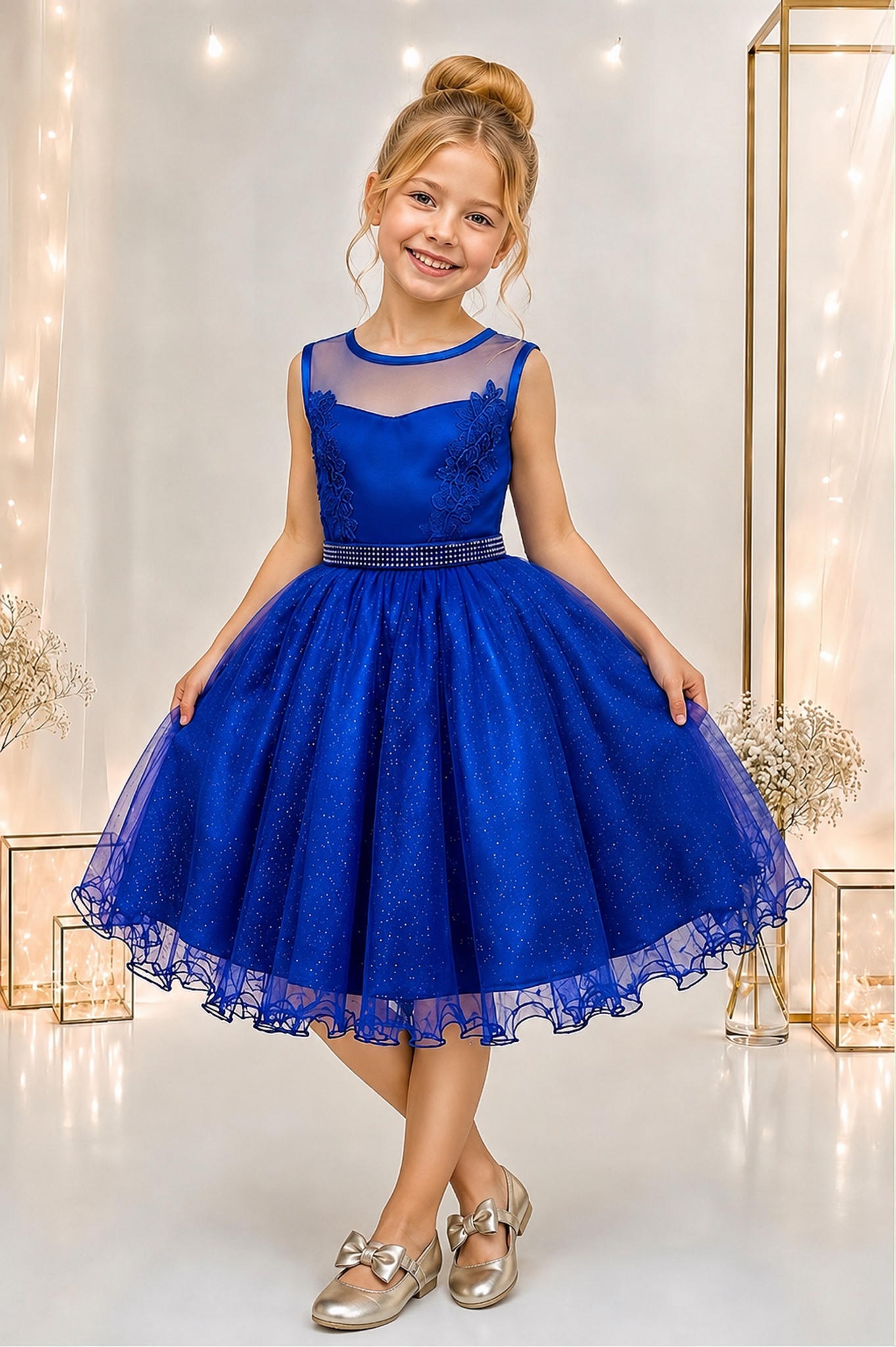 Vestido Infantil Azul Royal Renda Tule C/ Brilho Damas Luxo