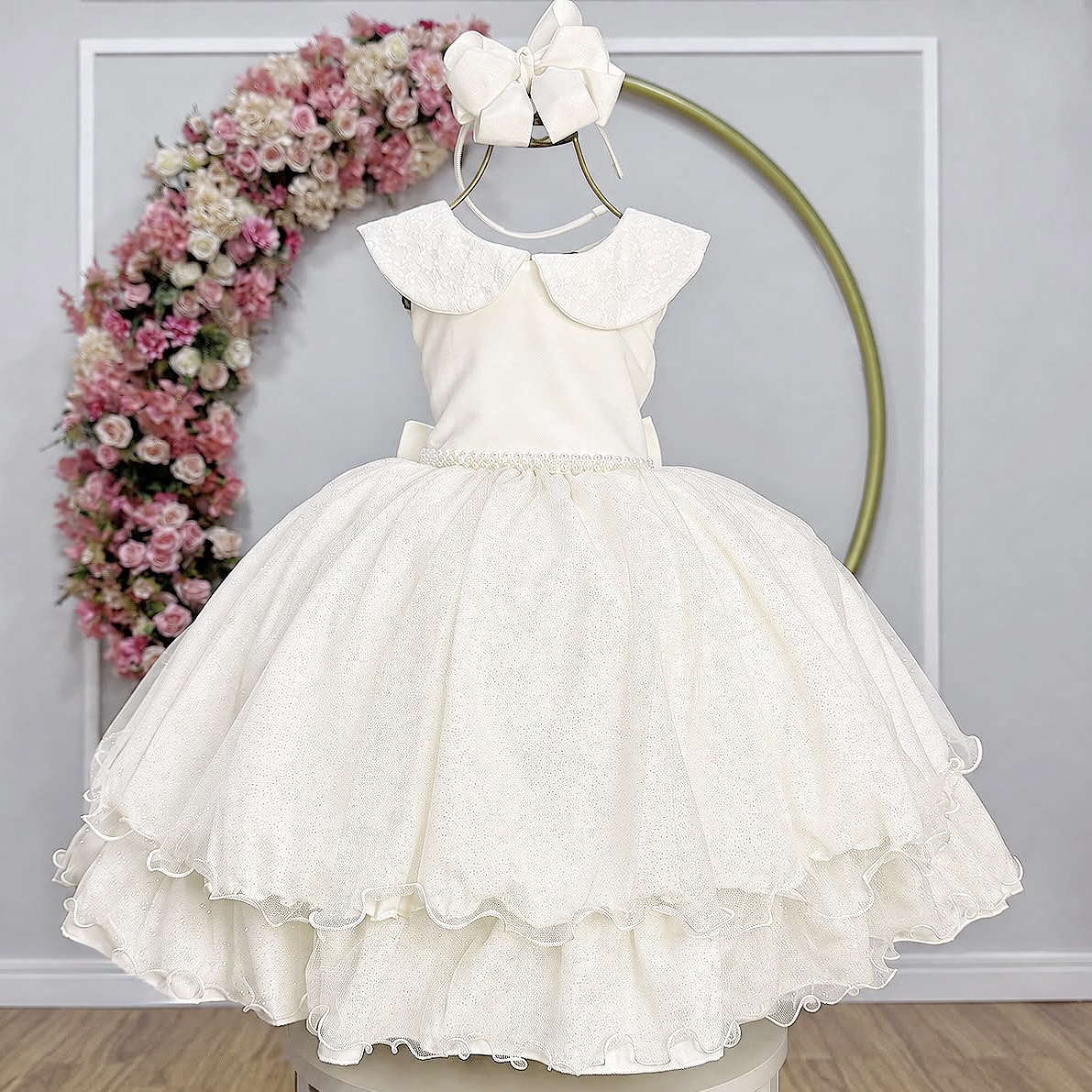 Vestido Infantil Luxo Festa Off White com Glitter e Pérolas