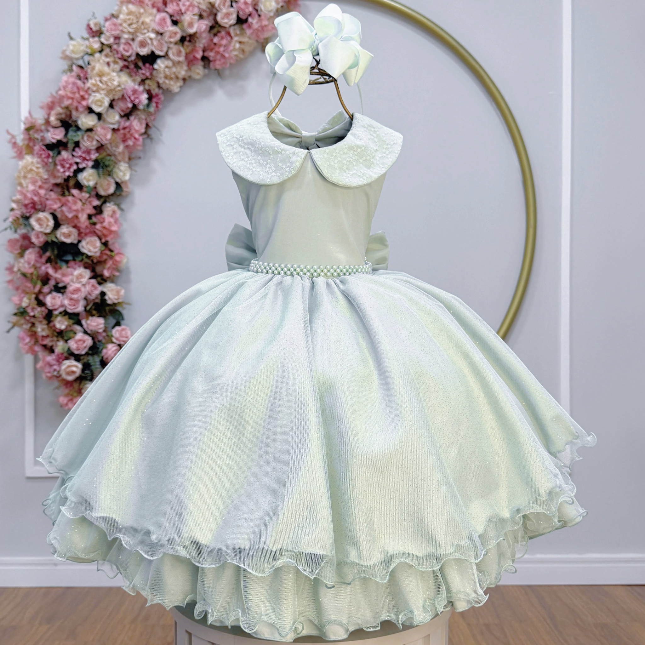 Vestido Infantil Luxo Festa Verde Menta com Glitter e Pérolas