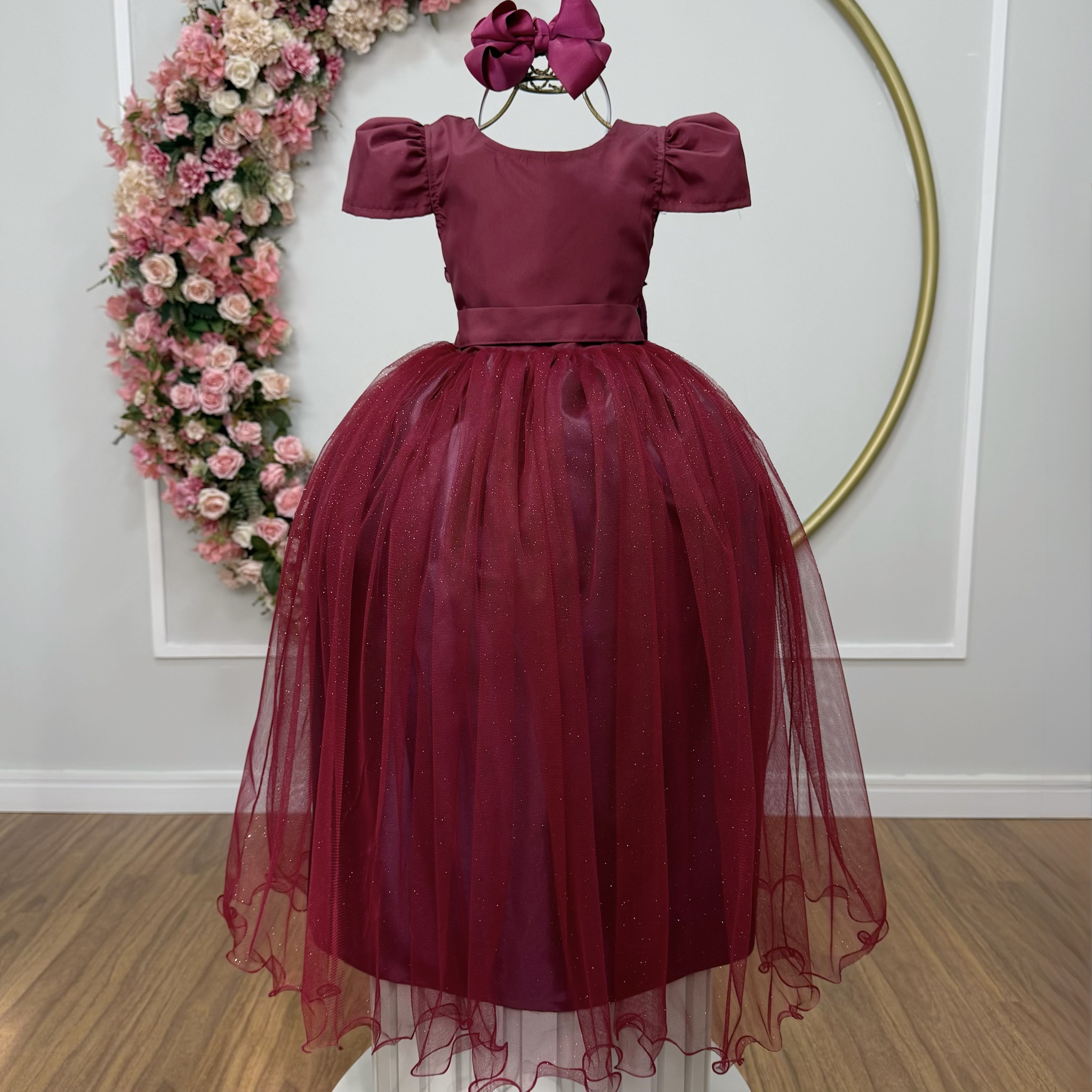 Vestido Infantil Marsala Longo daminha Tule Glitter e Mangas