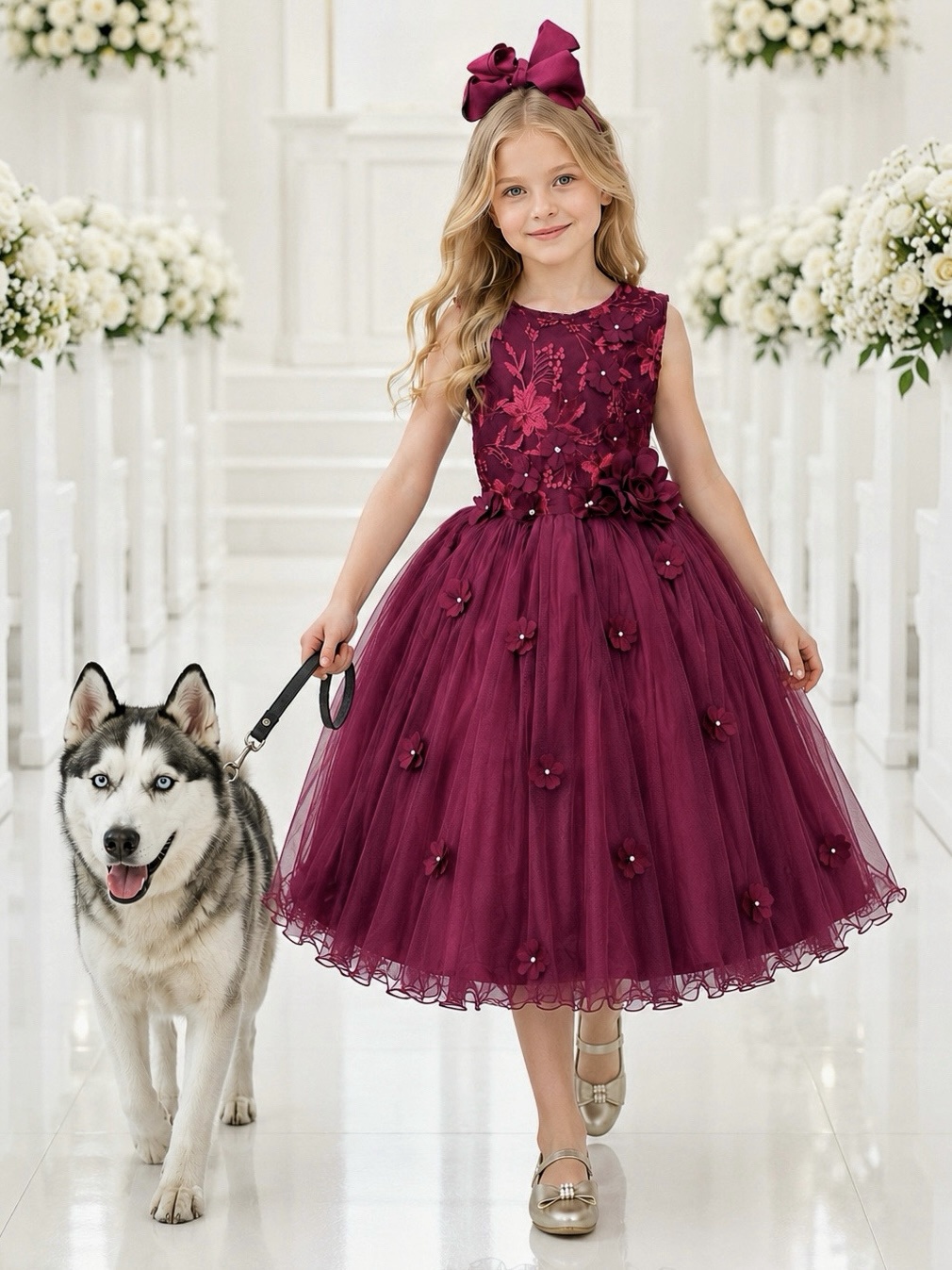 Vestido Infantil Marsala Rendado Luxo Flores em Aplique
