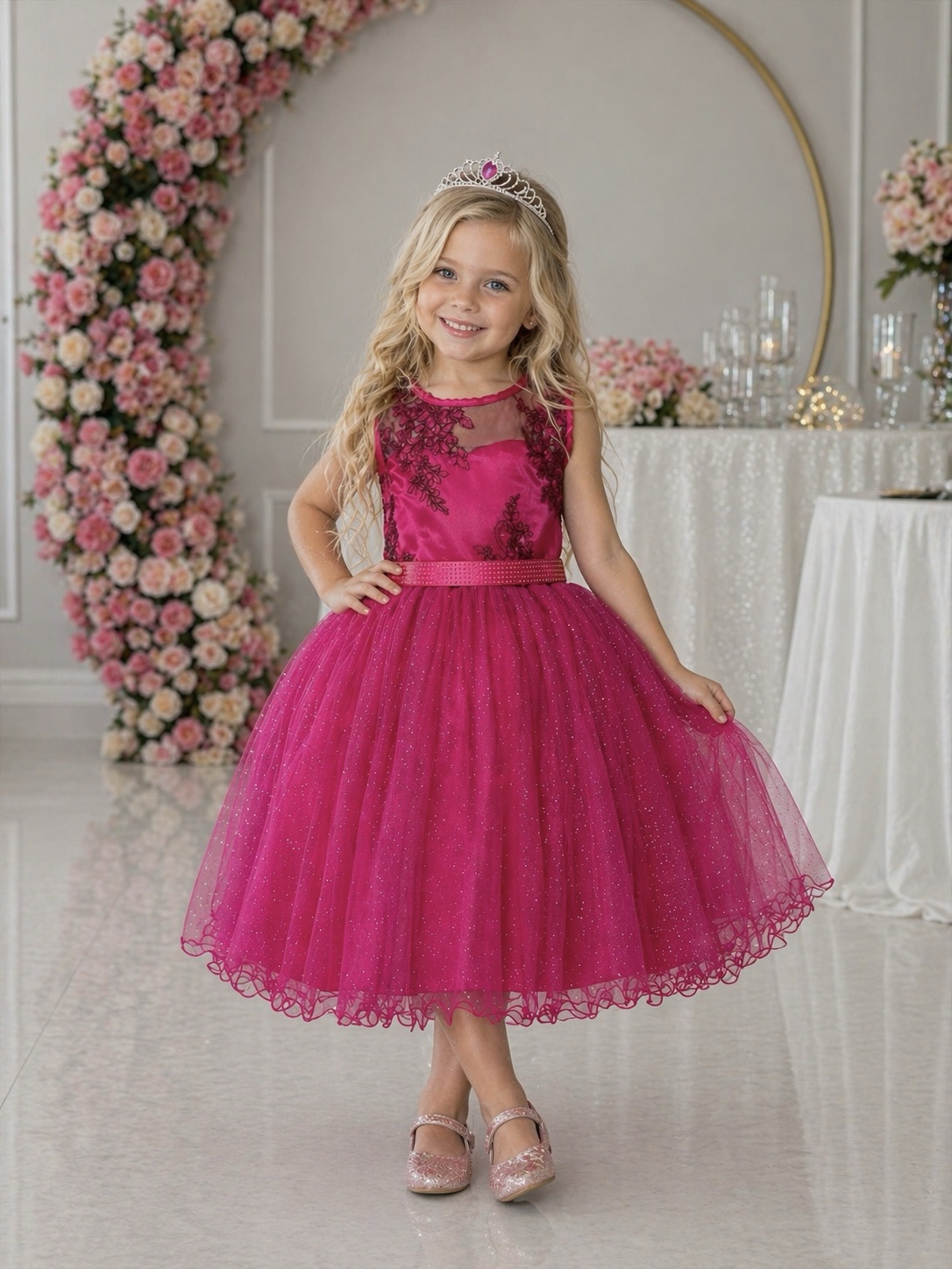 Vestido Infantil Pink Renda Saia Brilho Cinto Strass