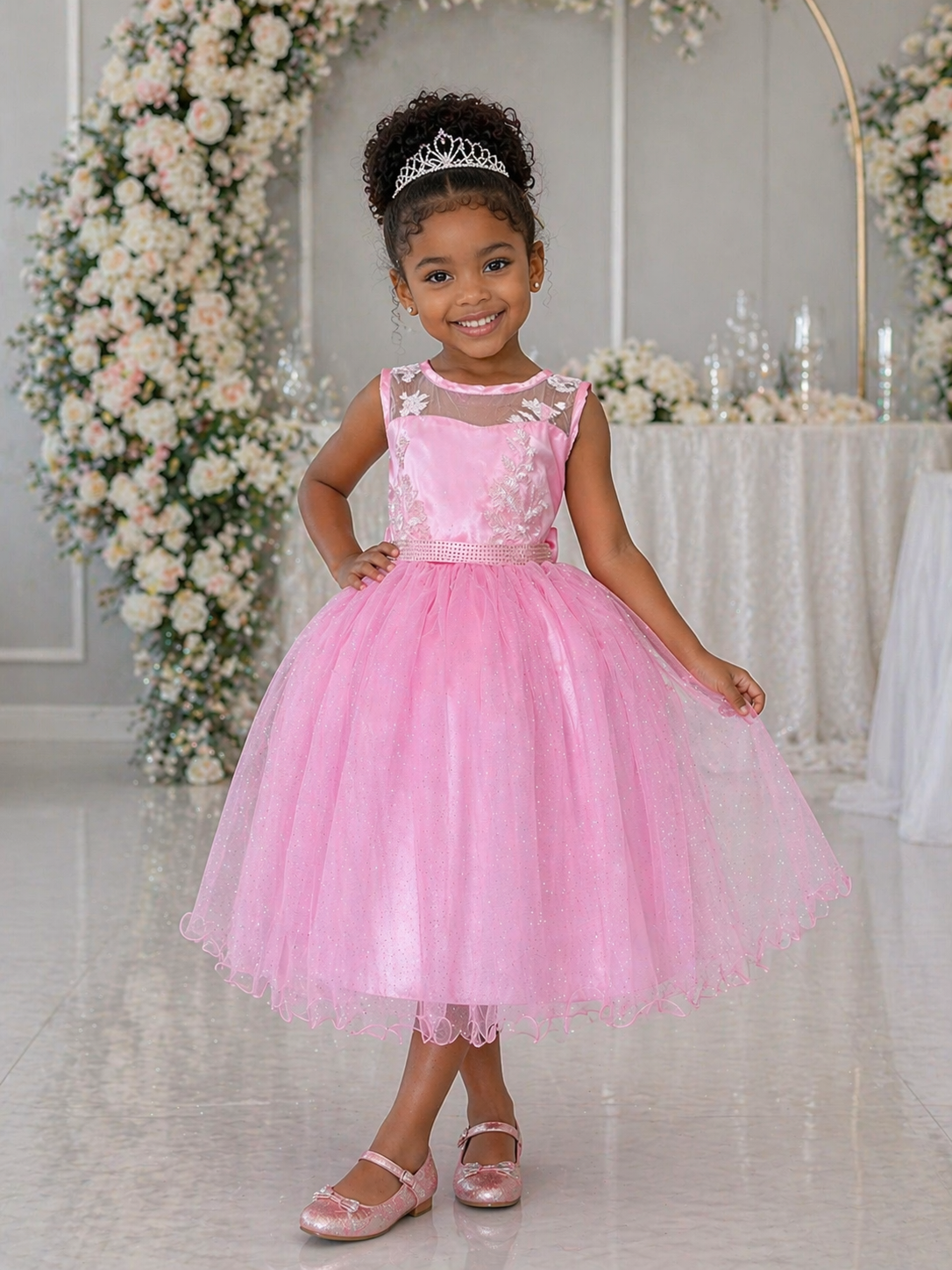 Vestido Infantil Rosa Renda Cinto Strass Tule Brilho Damas