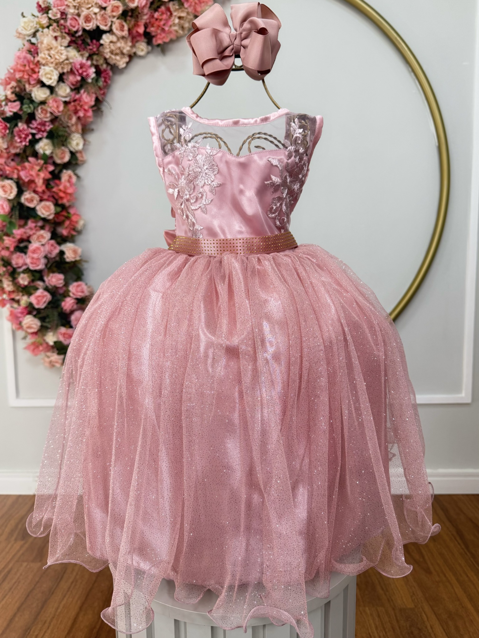 Vestido Infantil Rosé Renda e Tule com Brilho Damas Honra