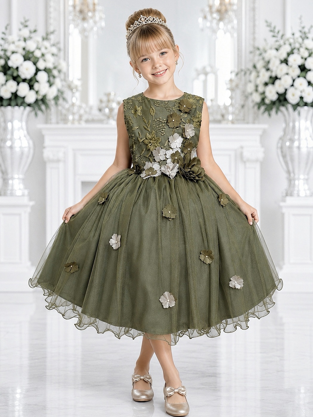 Vestido Infantil Verde Olivia C/ Renda e Aplique de Flores Damas