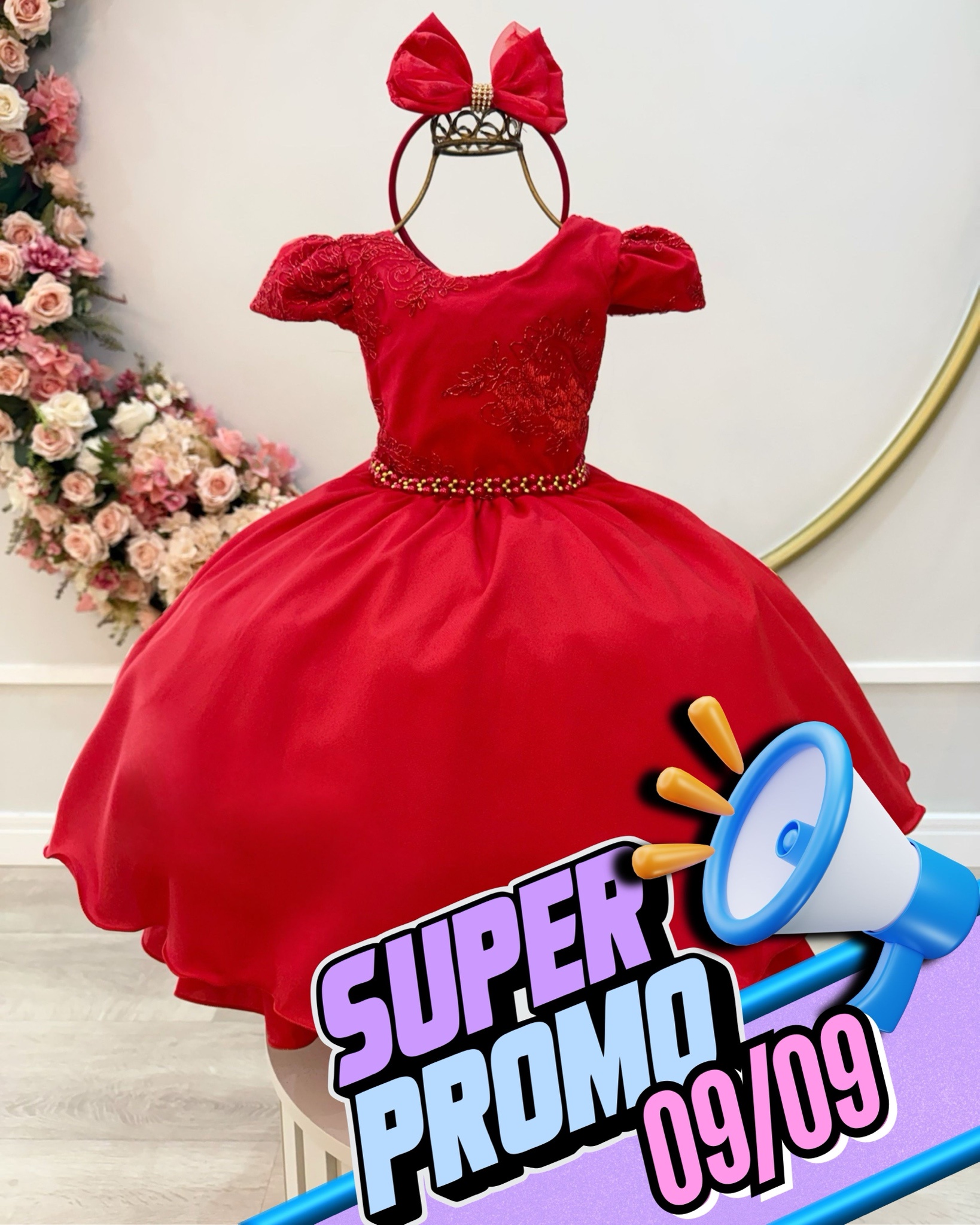 Vestido Infantil Vermelho Renda Metalizada C/ Tiara Daminhas