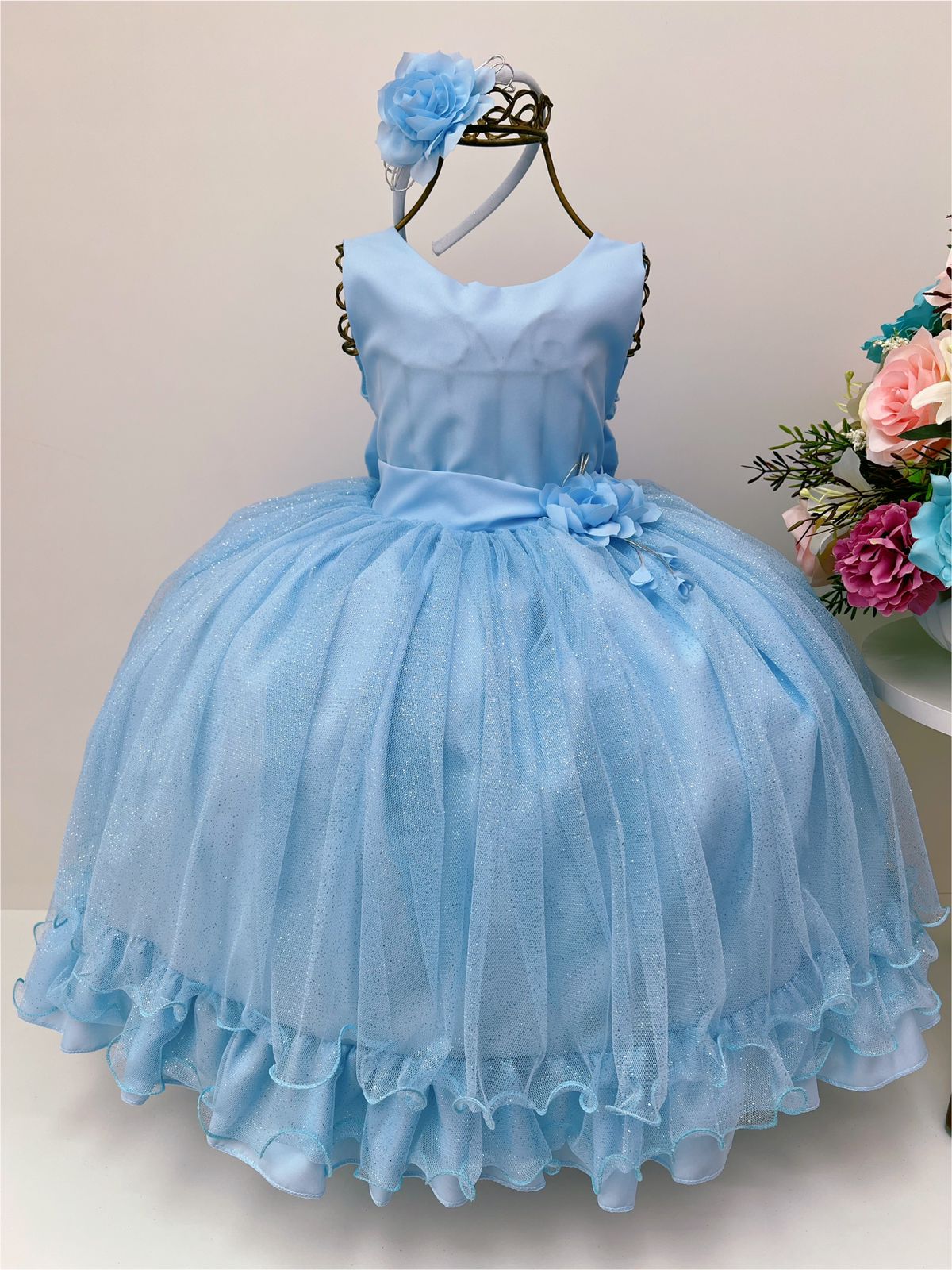 Vestido Infantil Azul Brilho Aplique Flor Luxo C/Tiara