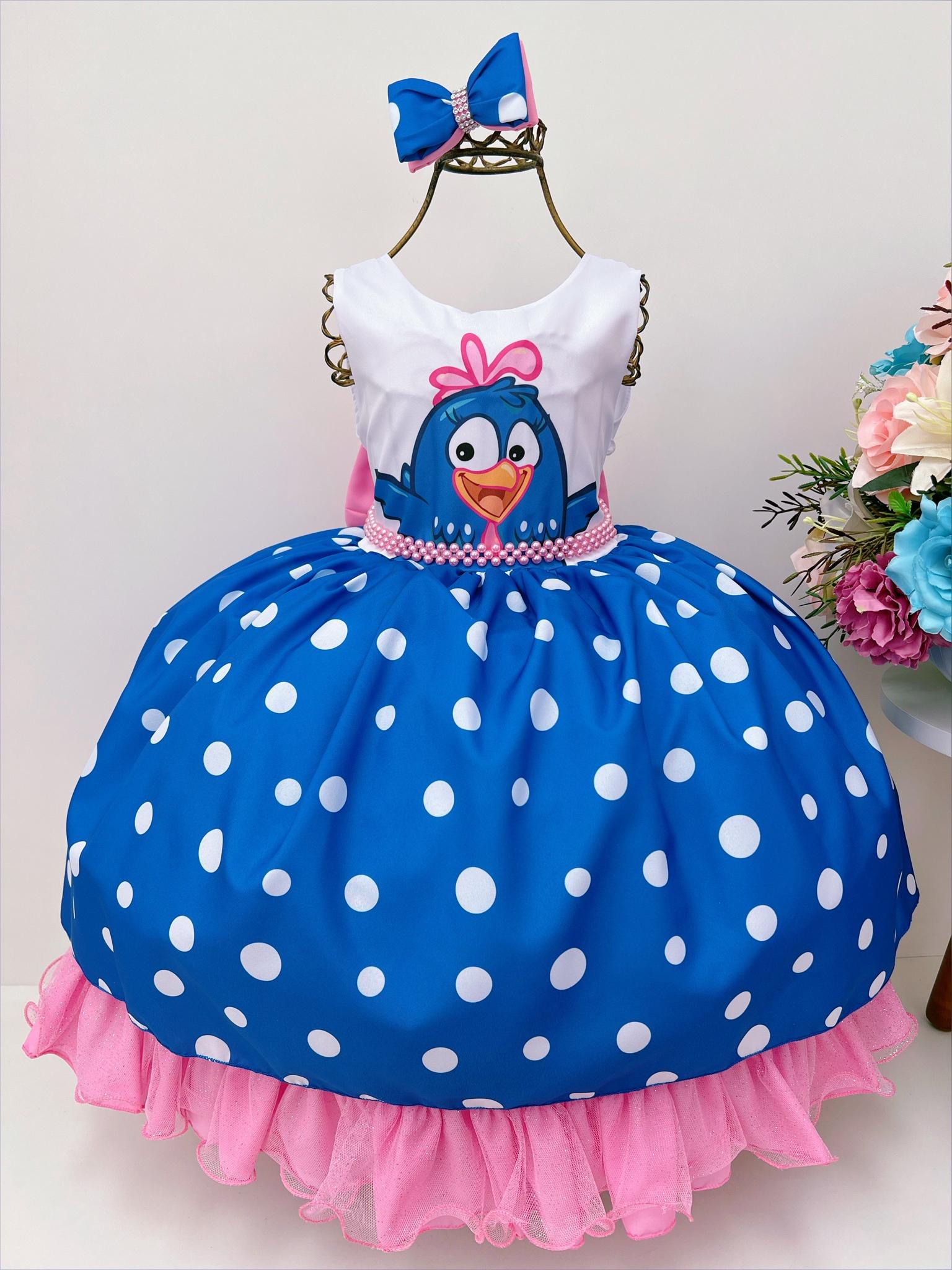 Vestido Infantil Galinha Azul e Rosa Bolas Brancas Laço