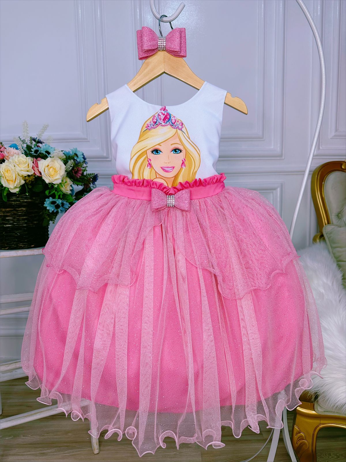 Riachuelo  Vestido Infantil Barbie Glitter Branco Tam 4 a 12