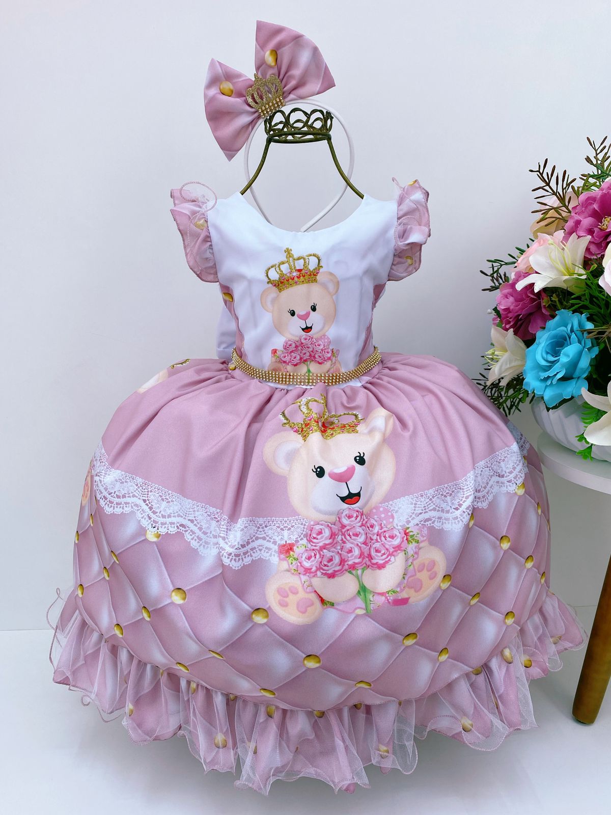 Vestido Infantil Rosê Ursinho Princesa Realeza Luxo C/Tiara