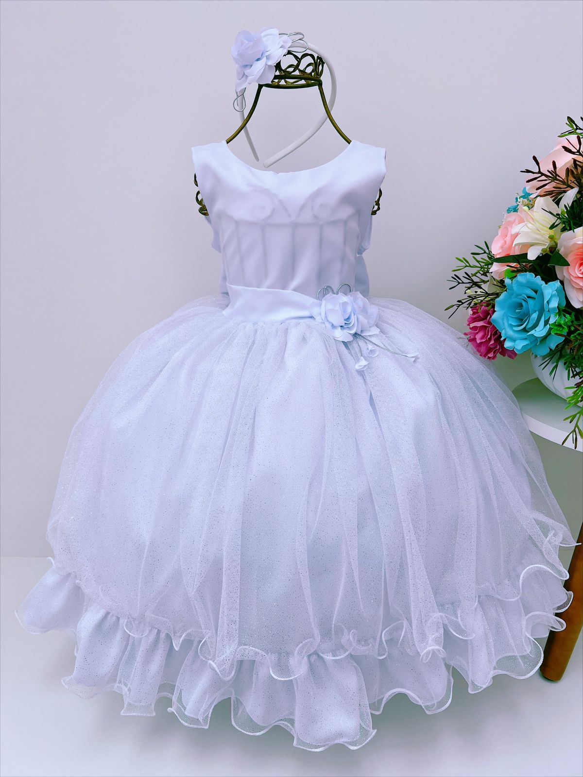 Vestido Infantil Branco Brilho Aplique Flor Luxo C/ Tiara