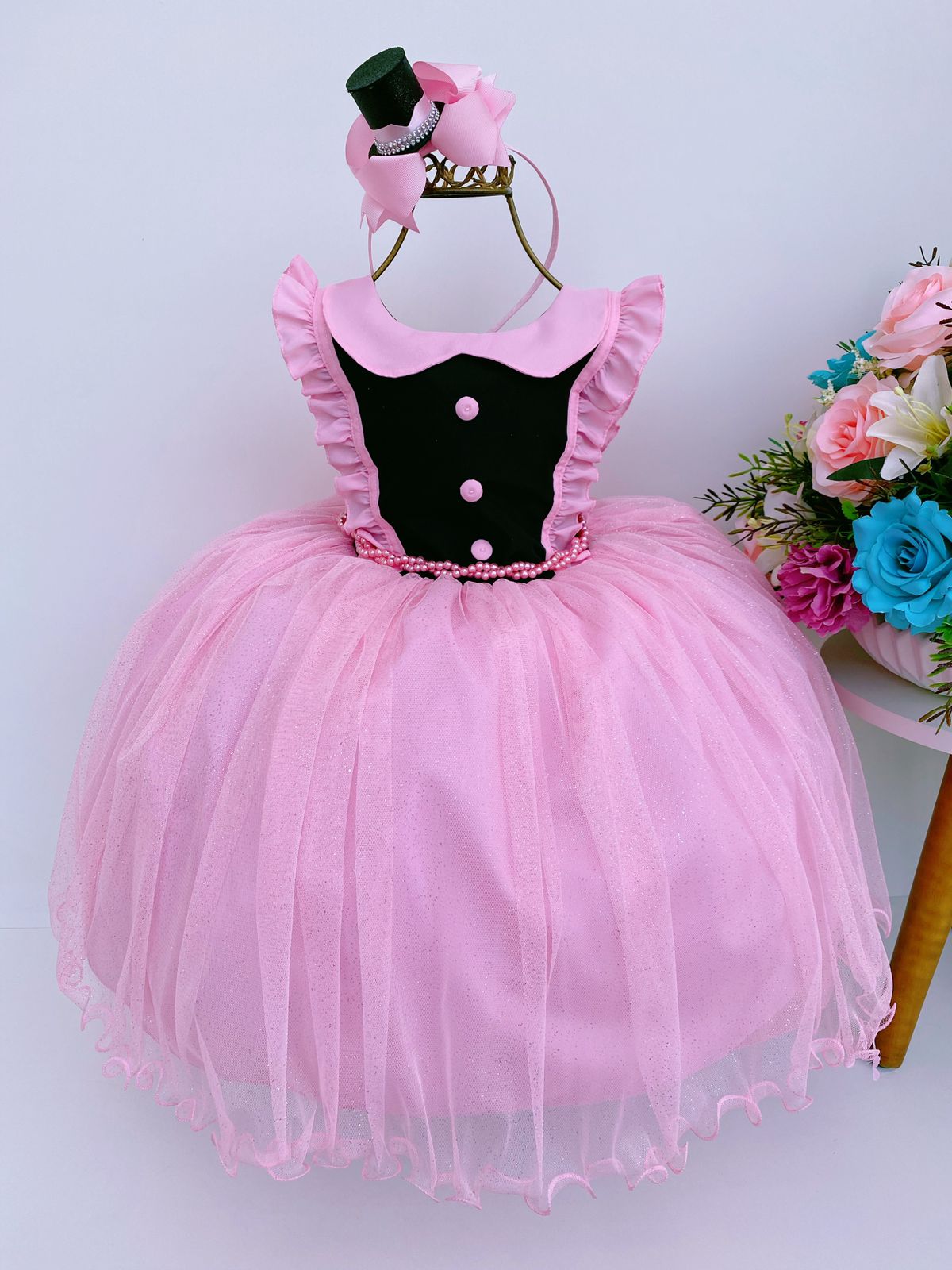 Vestido Infantil Circo Chefinha Rosa e Preto Brilho Com Tiara