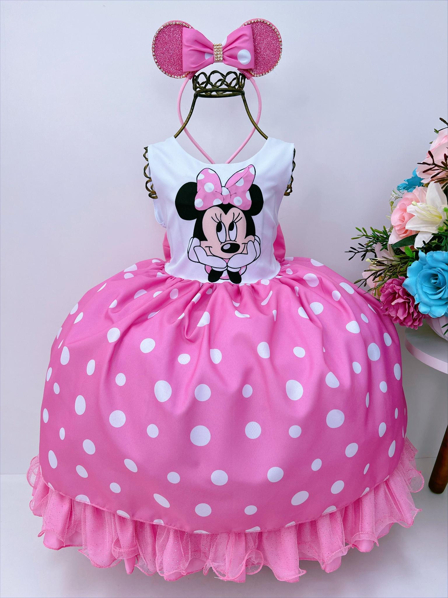 Vestido Infantil Minnie Rosa Luxo Bolas Brancas Com Tiara