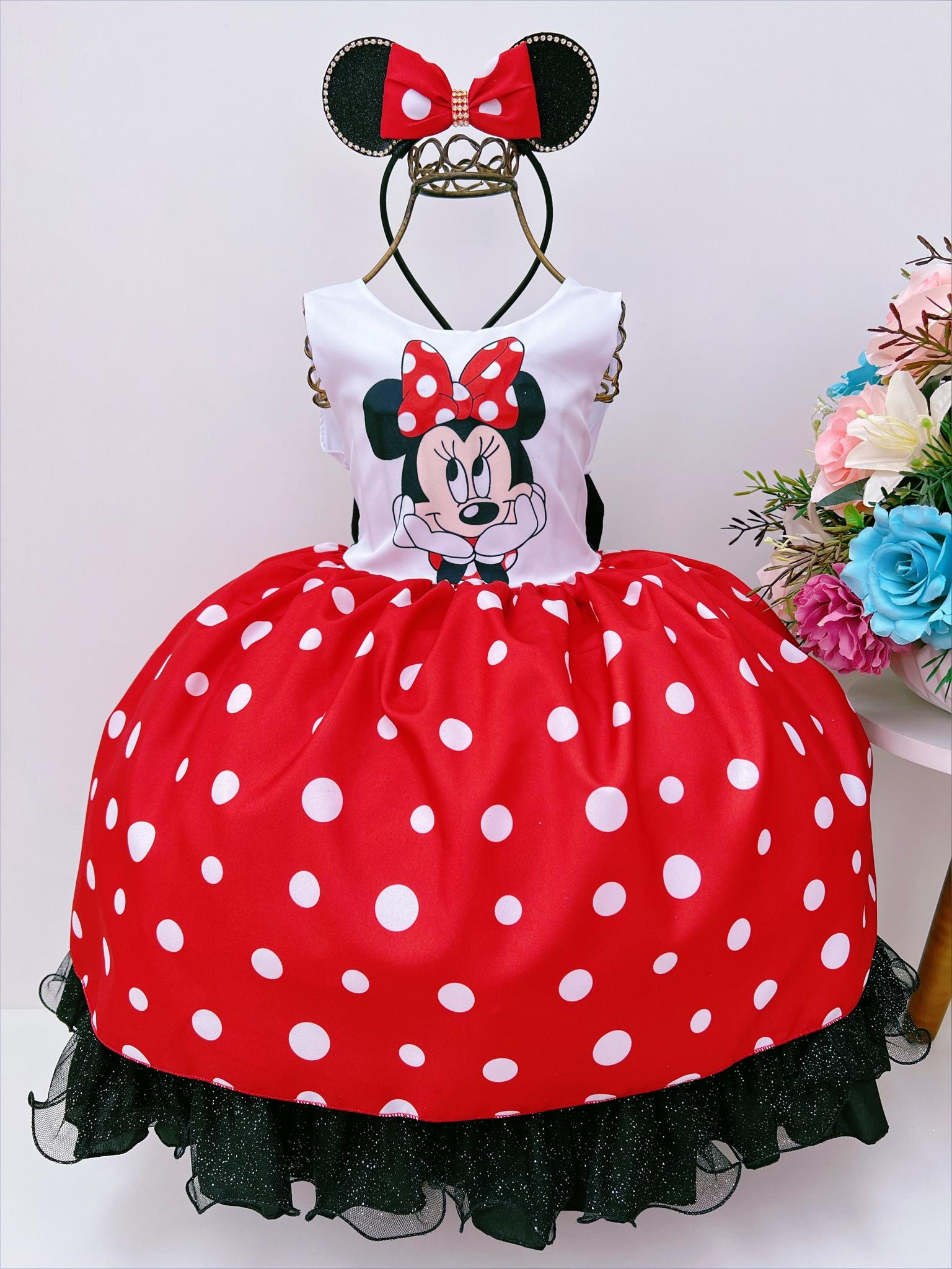 Vestido Infantil Minnie Vermelha Luxo Bolas Brancas Com Tiara