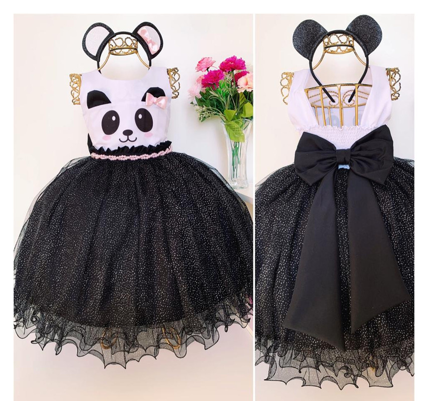 Vestido Infantil Panda Brilho Luxo Laço Acompanha Tiara