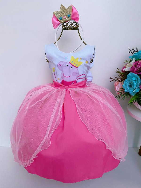 Vestido Infantil Peppa Pig Rosa com Tiara