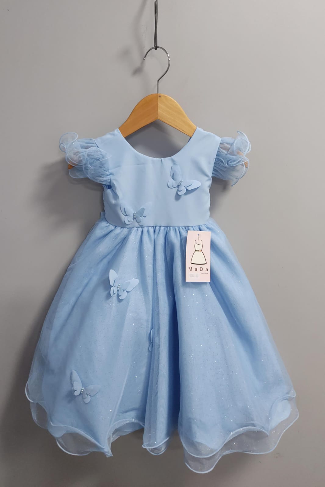 Vestido Infantil Azul Claro C/ Apliques de Borboletas Festas