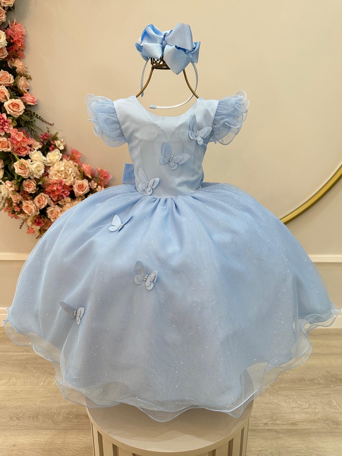 Vestido Infantil Azul Claro C/ Apliques de Borboletas Festas