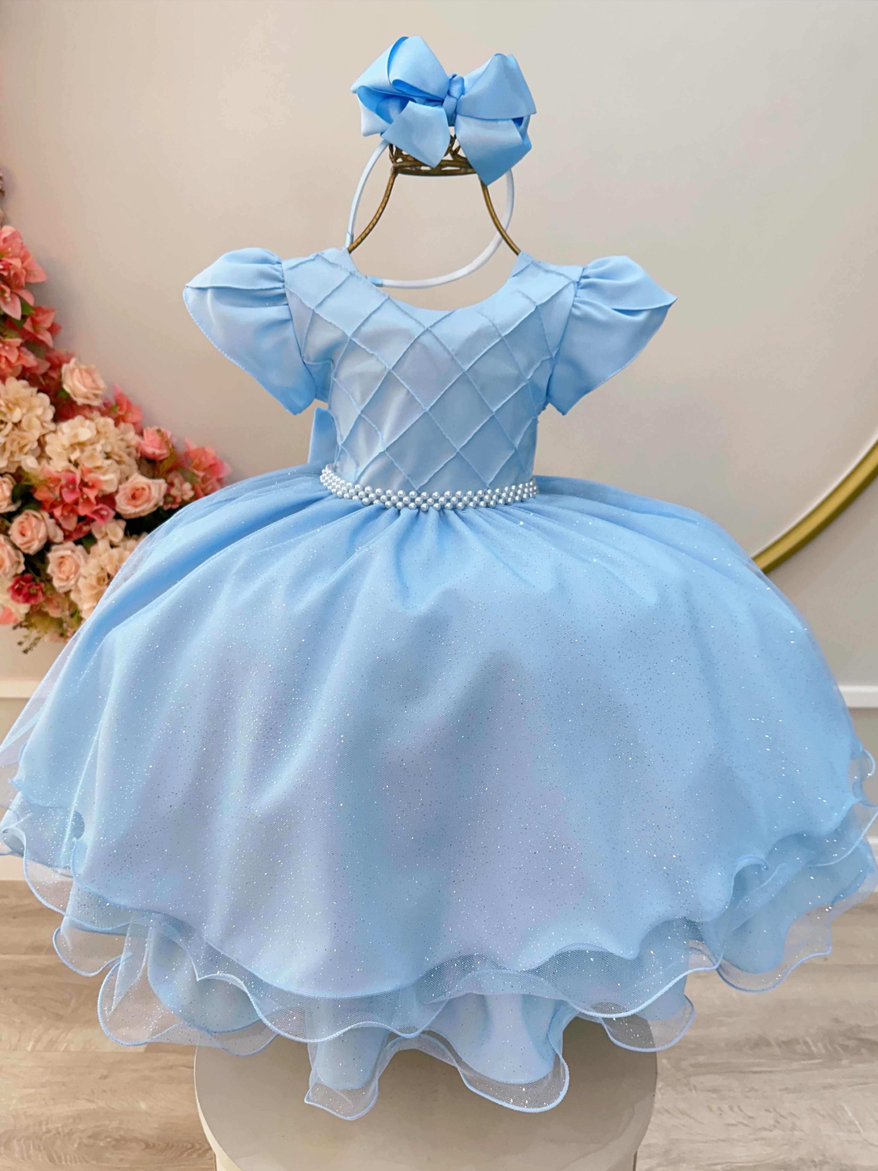 Vestido Infantil Azul Claro C/ Busto Nervura Festas Daminhas