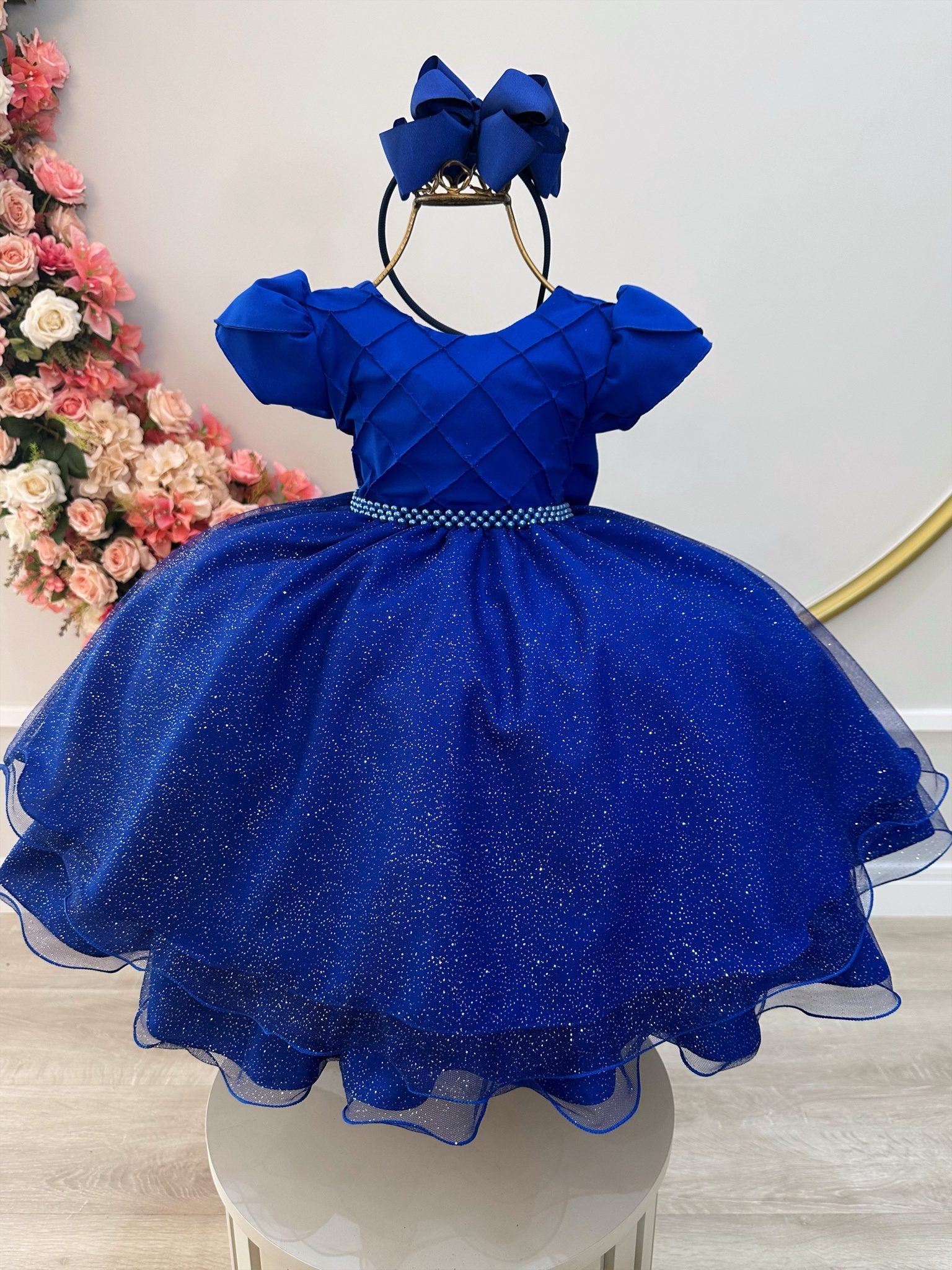 Vestido Infantil Azul Royal C/ Busto Nervura Festas Daminhas