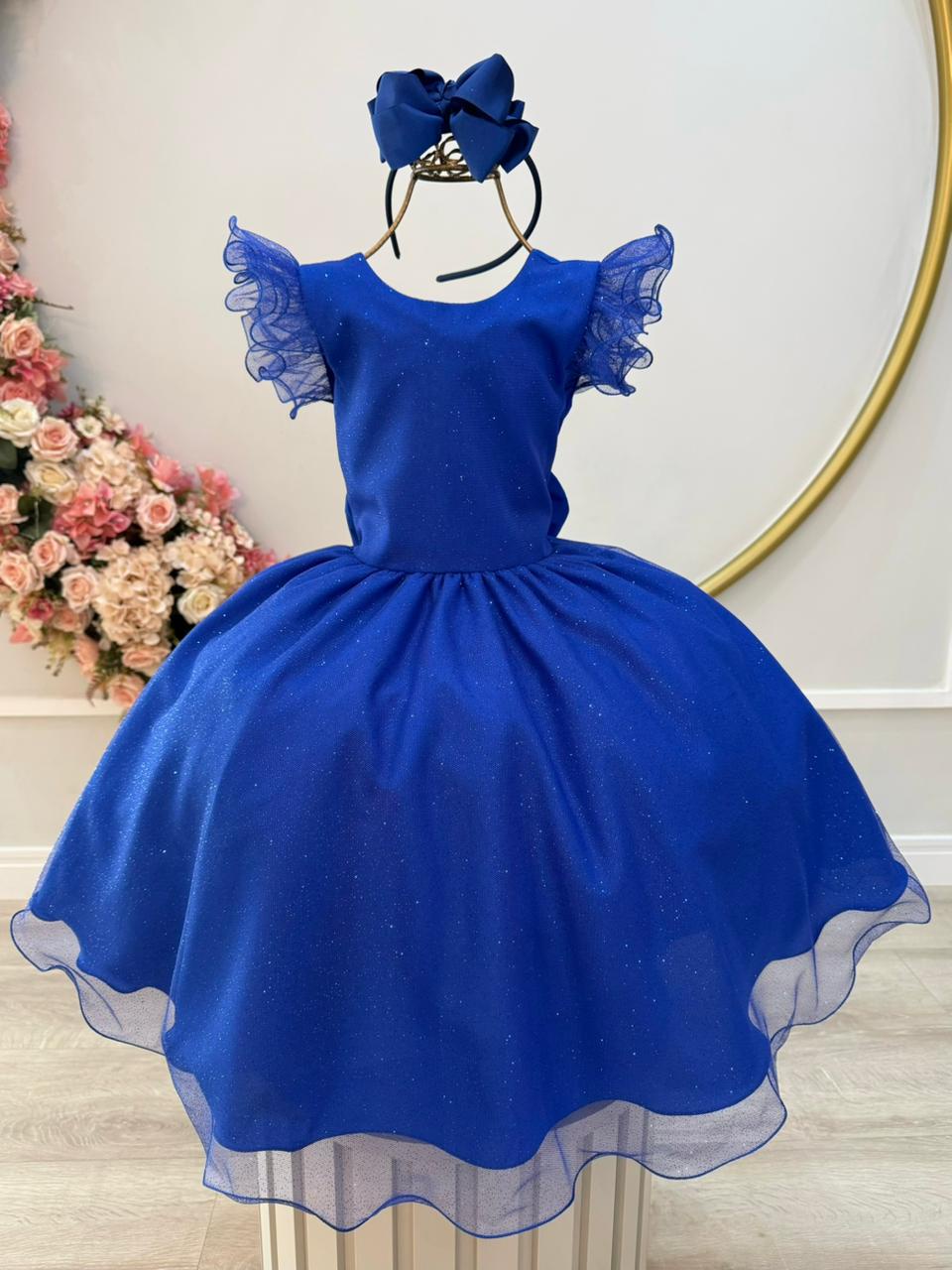Vestido Infantil Azul Royal C/ Glitter Festas Daminhas Luxo