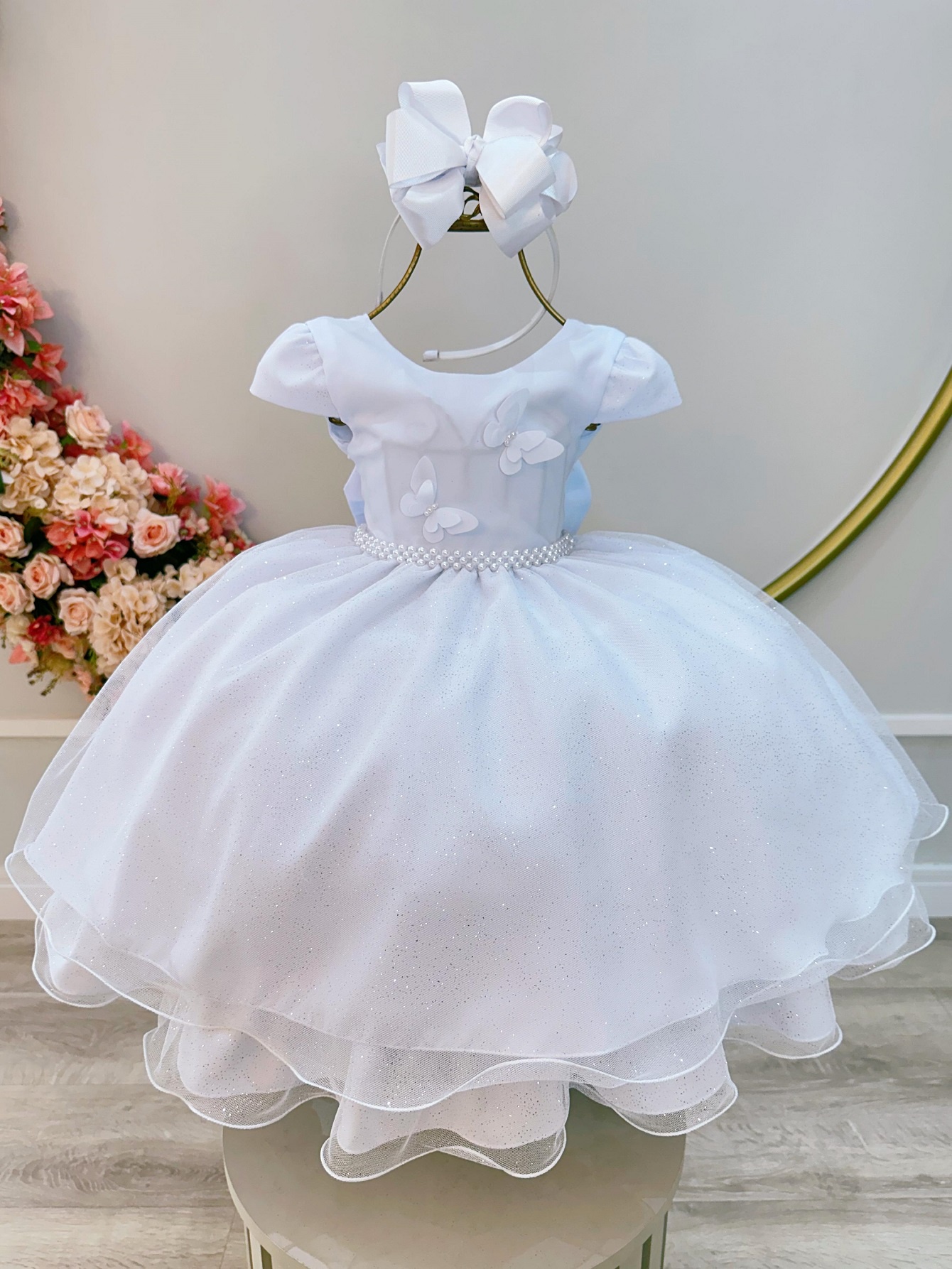 Vestido Infantil Branco C/ Apliques Borboletas Glitter
